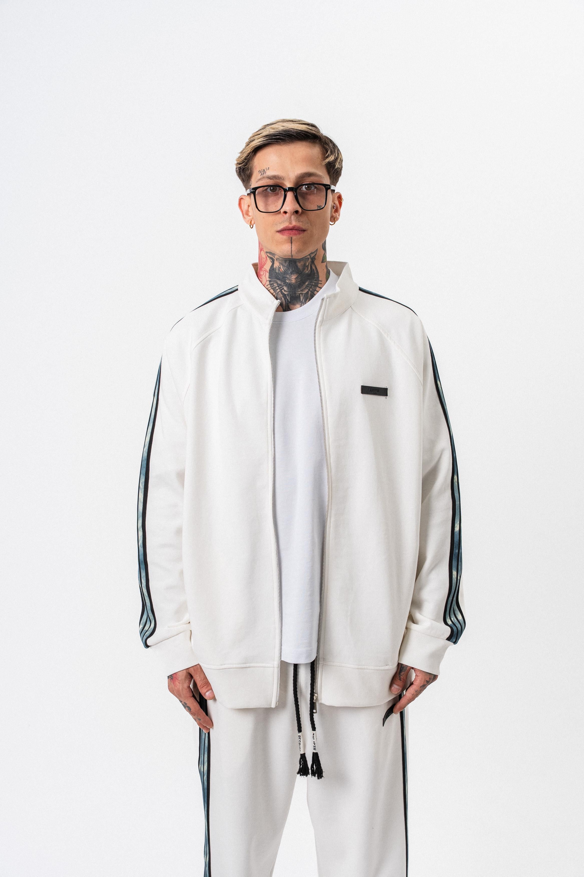 Erkek Dark Striped Şerit Detaylı Dik Yaka Doubleface Zip Oversize Sweatshirt Ekru