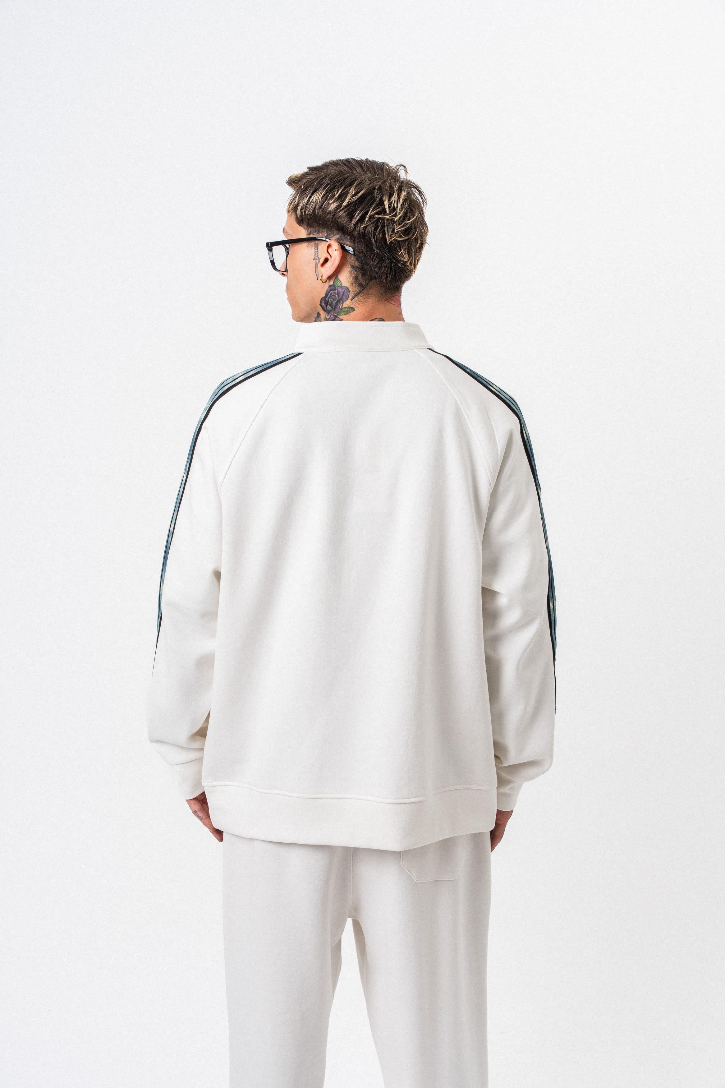 Erkek Dark Striped Şerit Detaylı Dik Yaka Doubleface Zip Oversize Sweatshirt Ekru