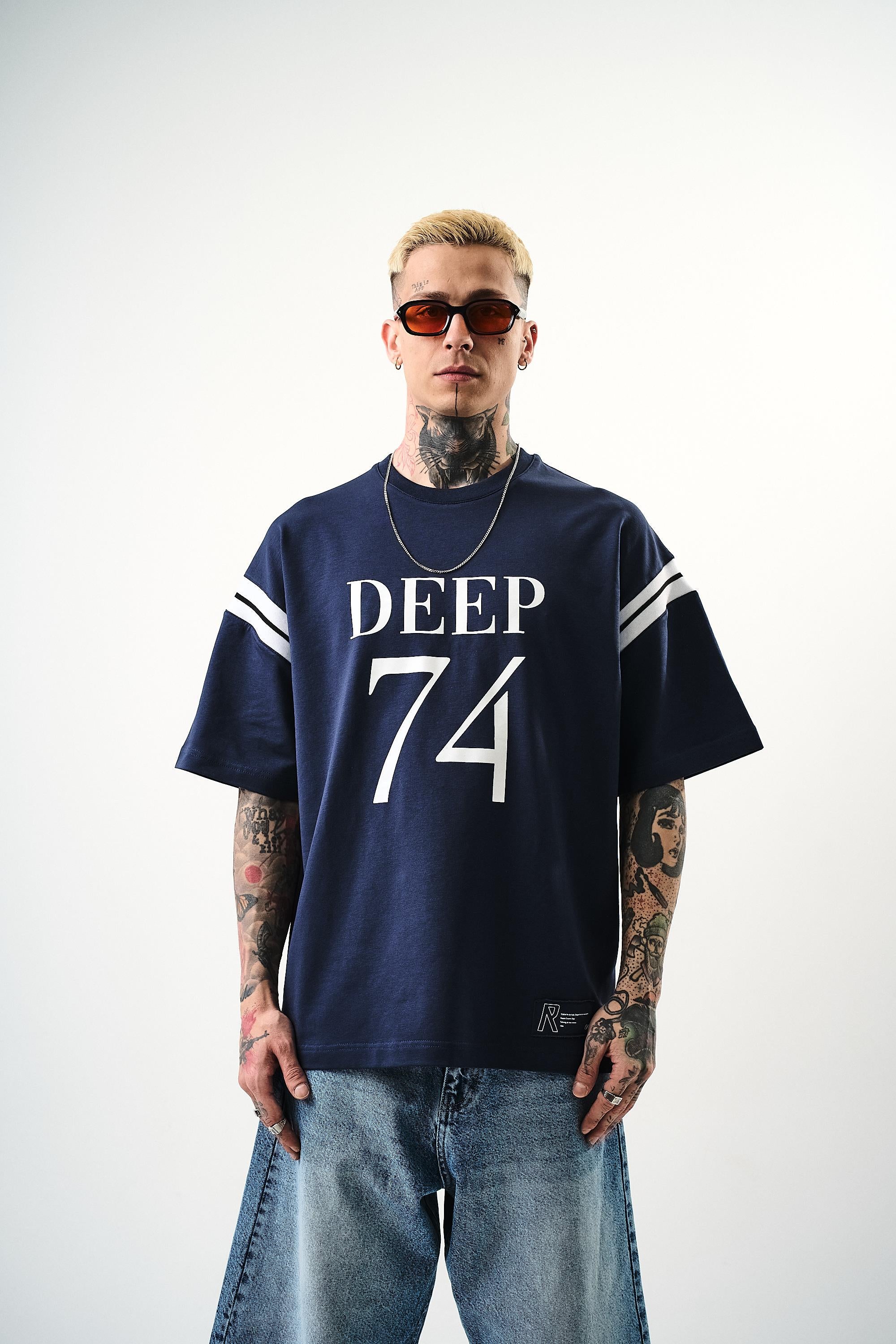 Erkek Deep 74 Baskılı Oversize T-Shirt İNdigo