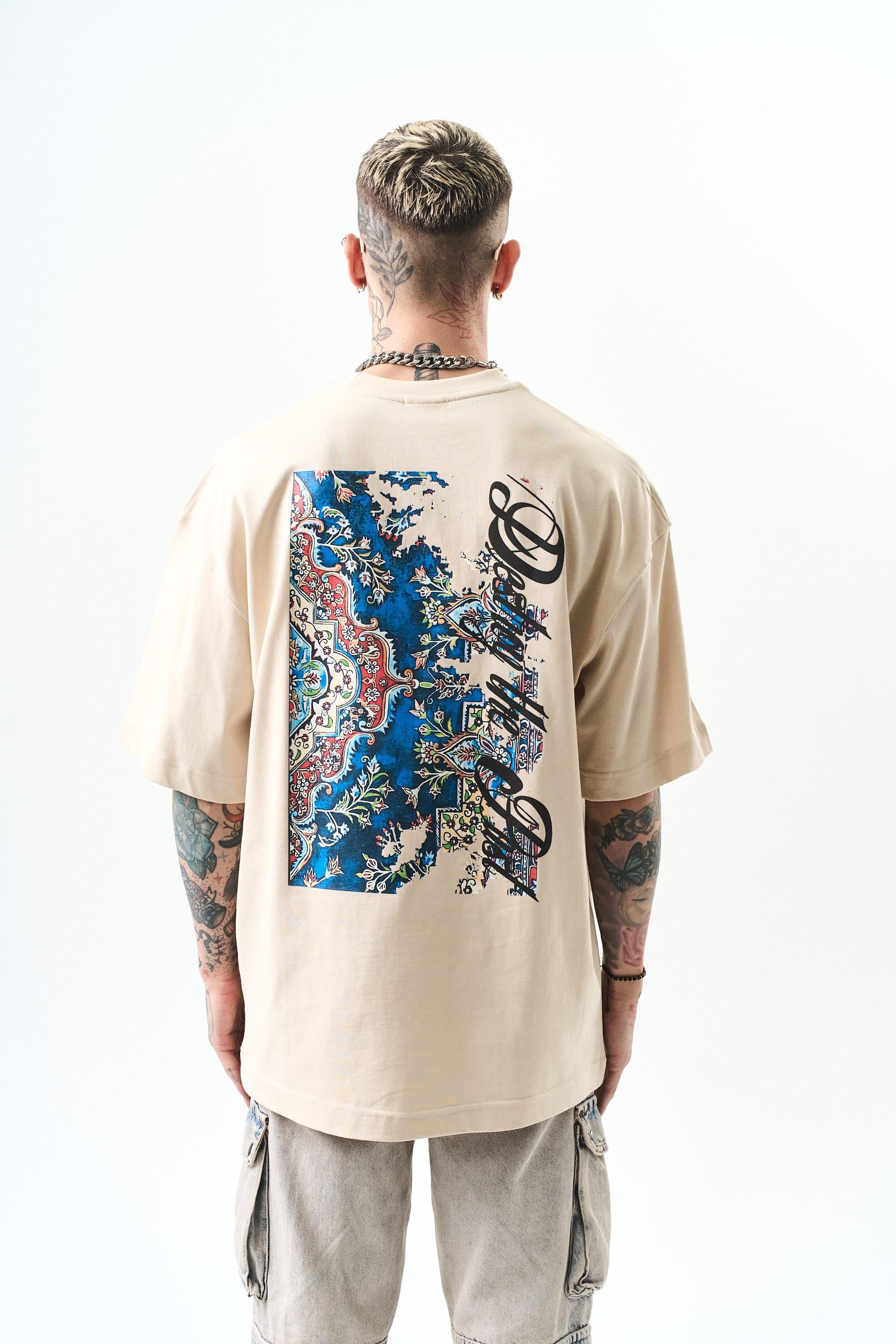 Erkek Destroy Baskılı Oversize T-Shirt Bej