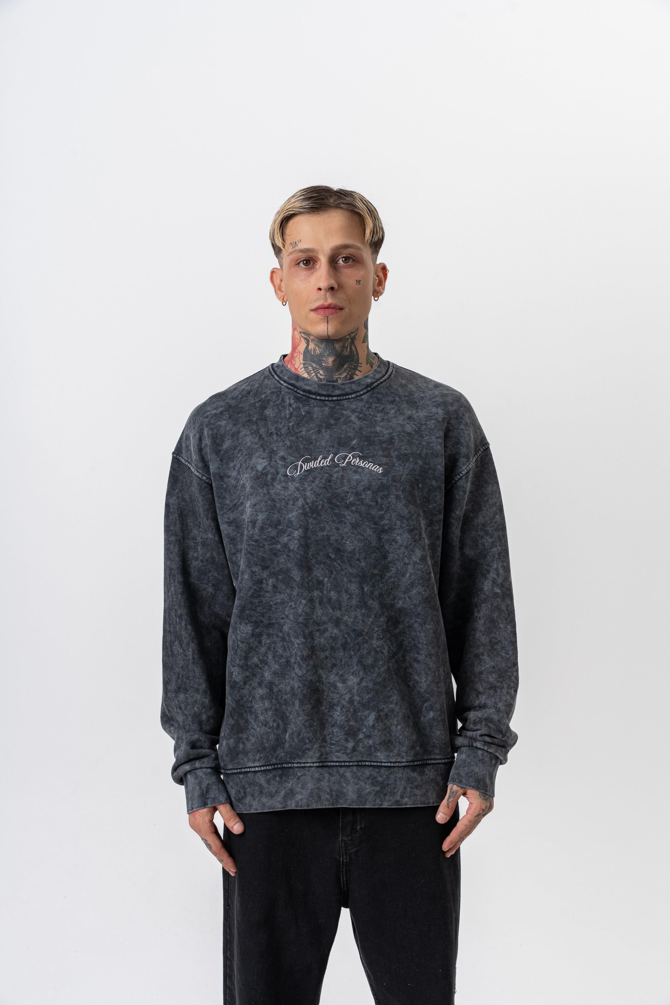 Erkek Divided Baskılı Yıkamalı Bisiklet Yaka Oversize Sweatshirt Siyah