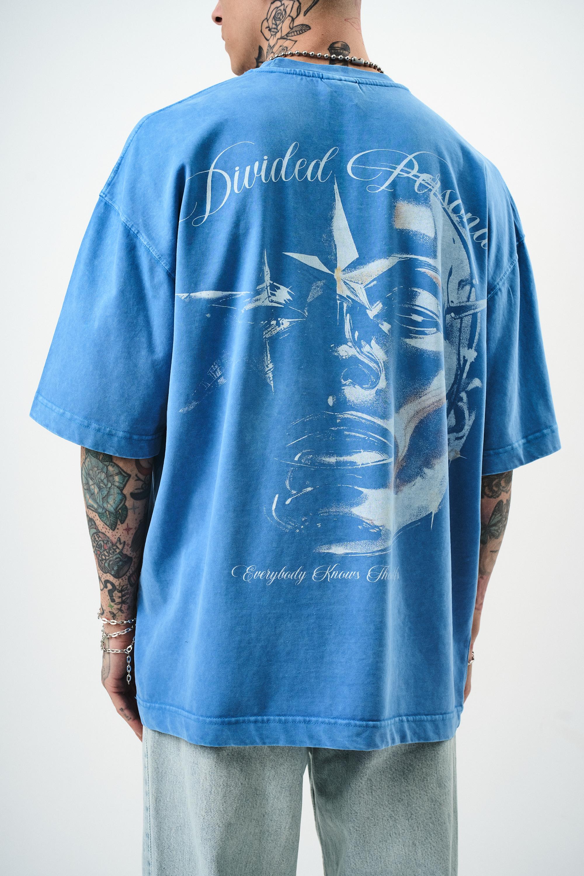 Erkek Divided Personas Baskılı Yıkamalı Oversize T-Shirt Mavi