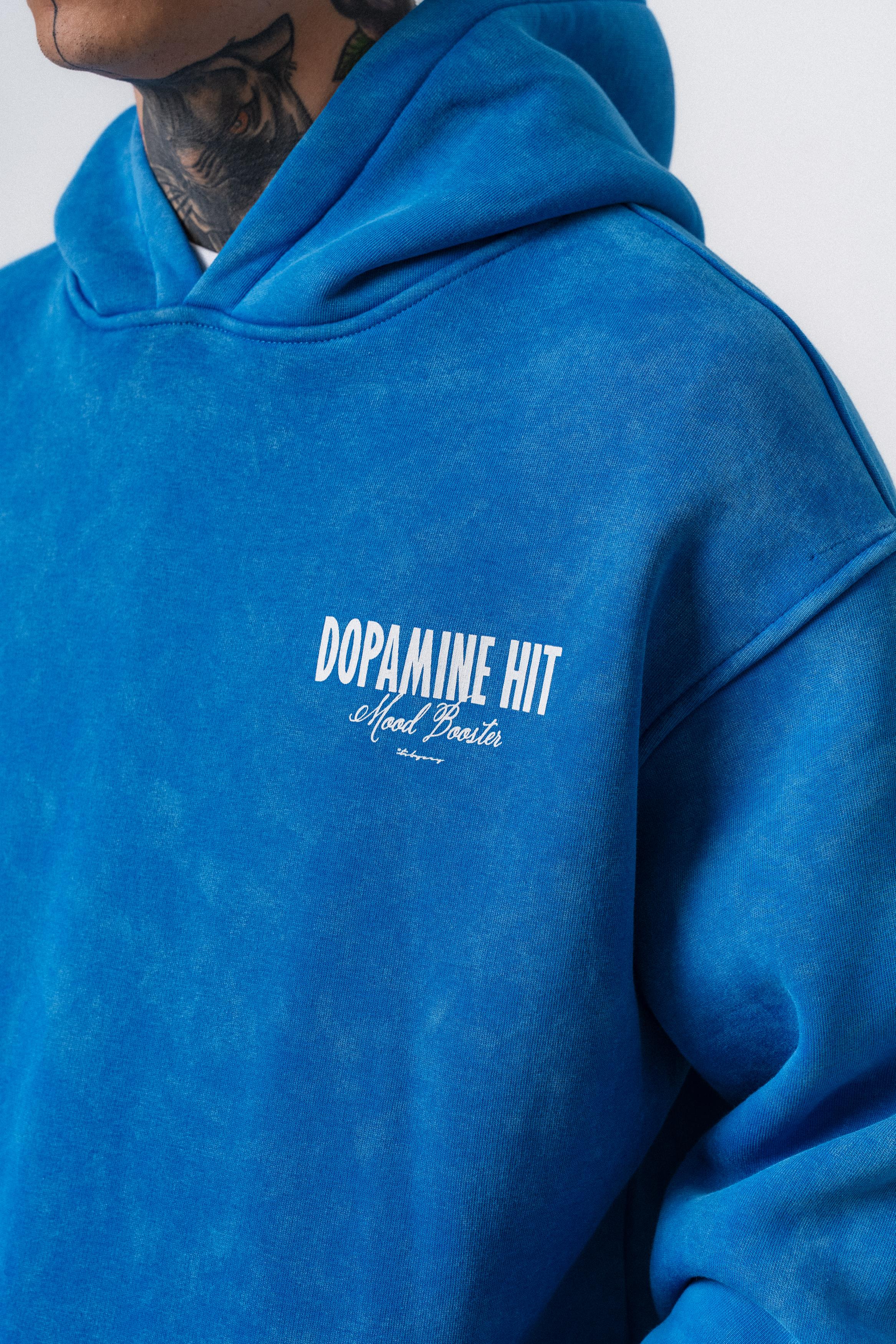 Erkek Dopamine Hit Baskılı Kapüşonlu Oversize Hoodie Mavi