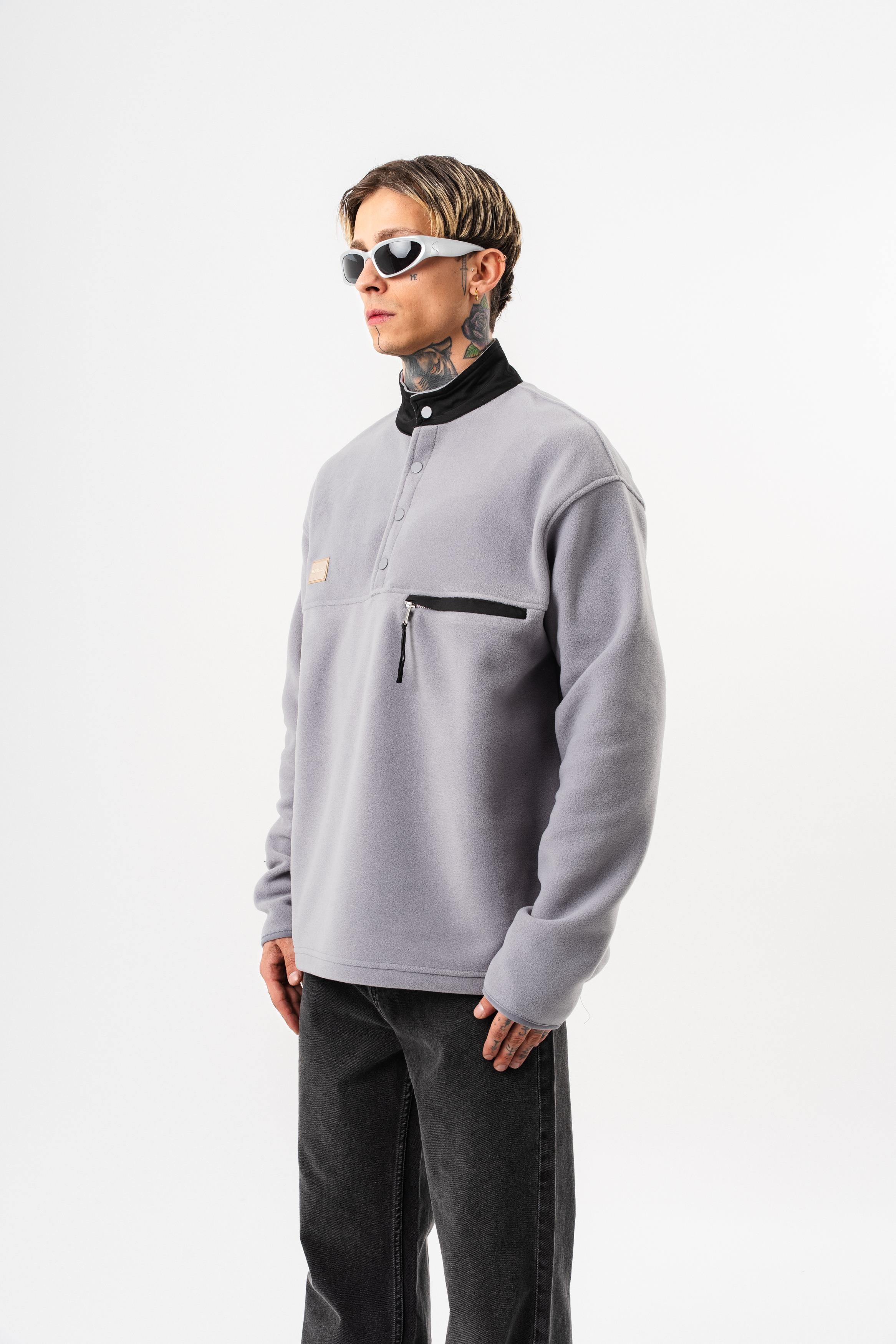Erkek Düğme Detaylı Oversize Polar Sweatshirt Gri