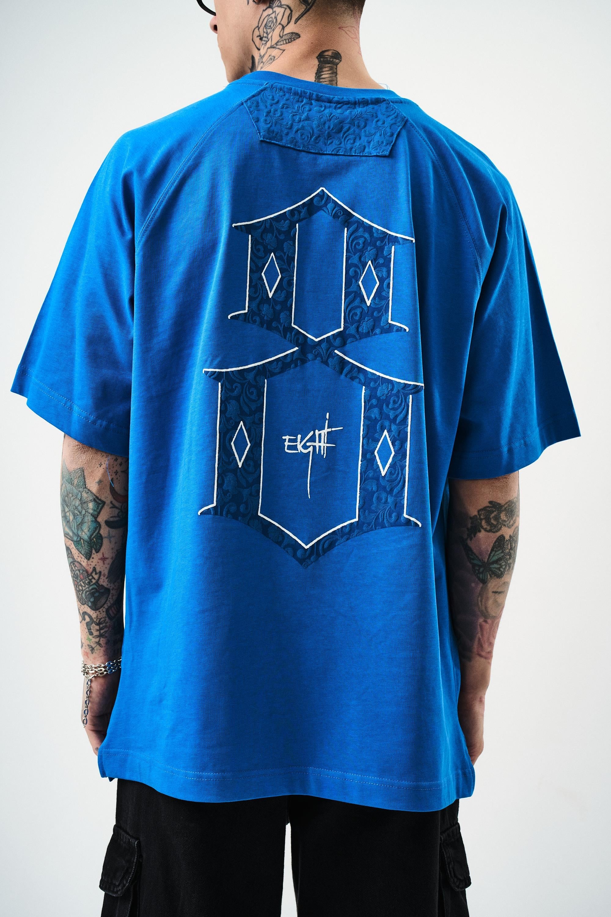 Erkek Eight Baskılı Oversize T-Shirt Mavi
