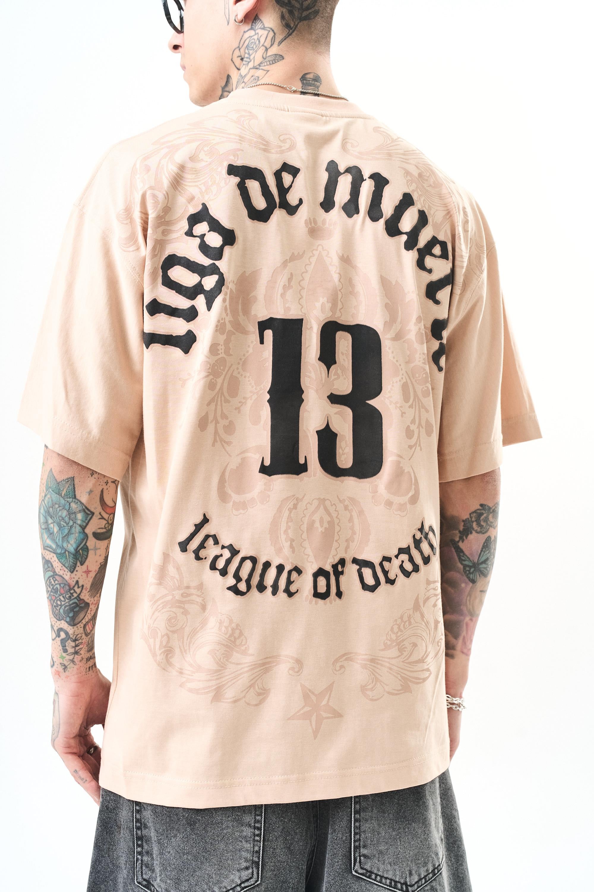Erkek 13 Baskılı Oversize T-Shirt Bej