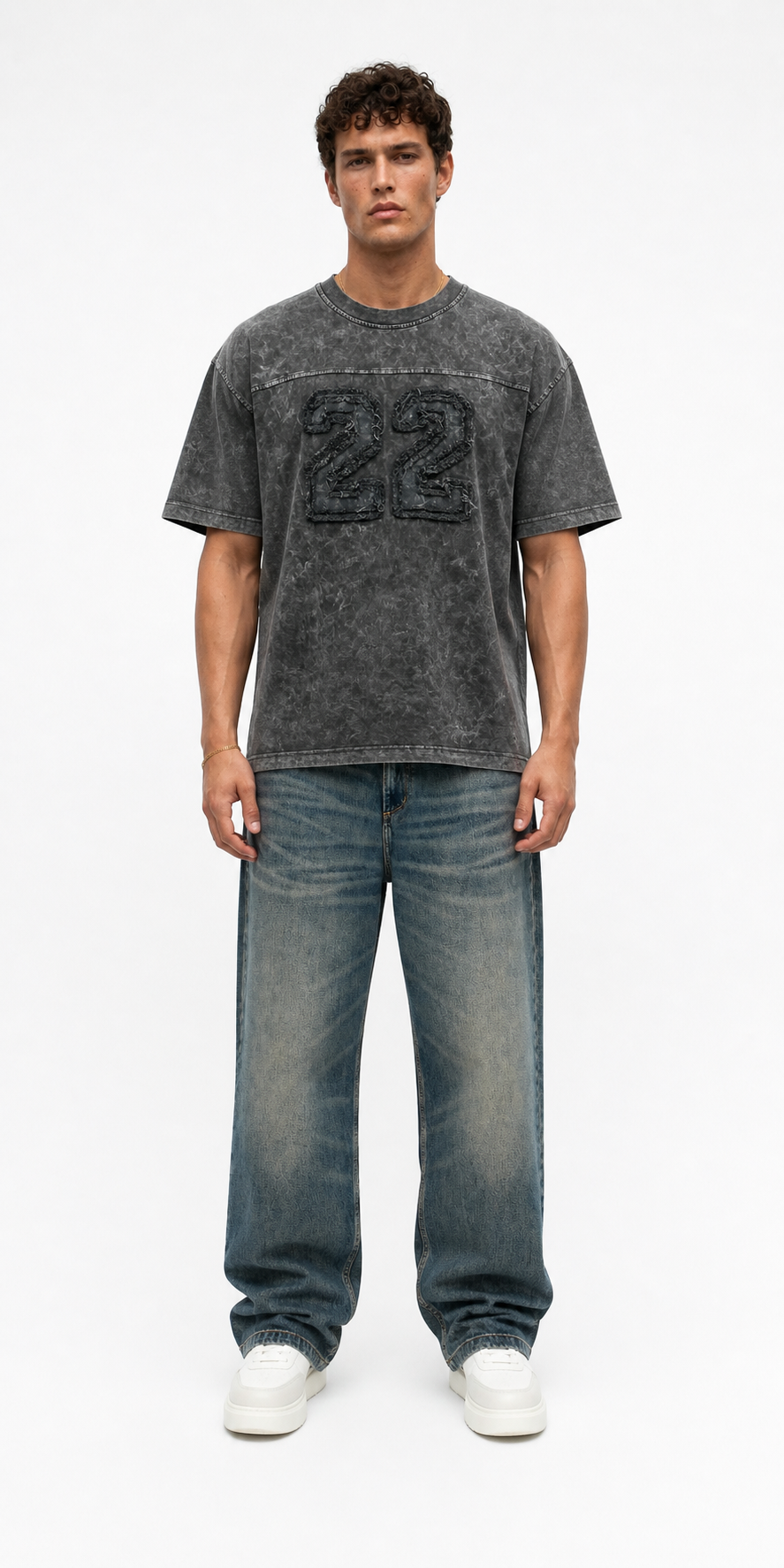 Erkek 22 Nakışlı Yıkamalı Oversize T-Shirt Siyah