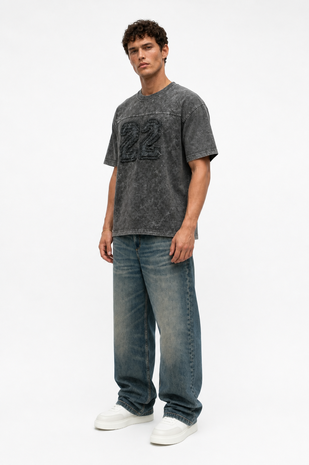 Erkek 22 Nakışlı Yıkamalı Oversize T-Shirt Siyah
