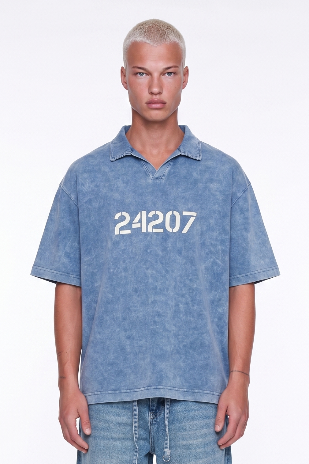 Erkek 24207 Baskılı Yıkamalı Oversize T-Shirt Mavi