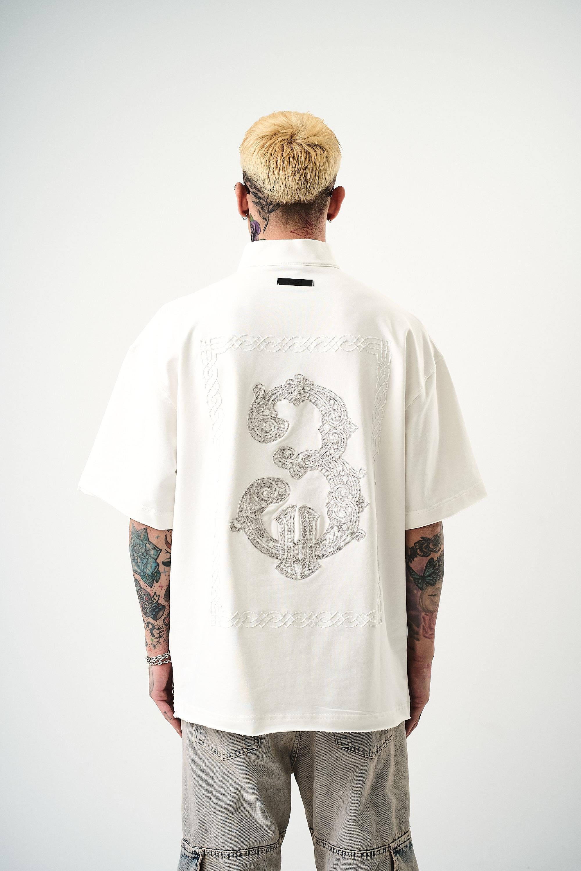 Erkek 3 Nakışlı Yarım Fermuarlı Oversize T-Shirt Ekru