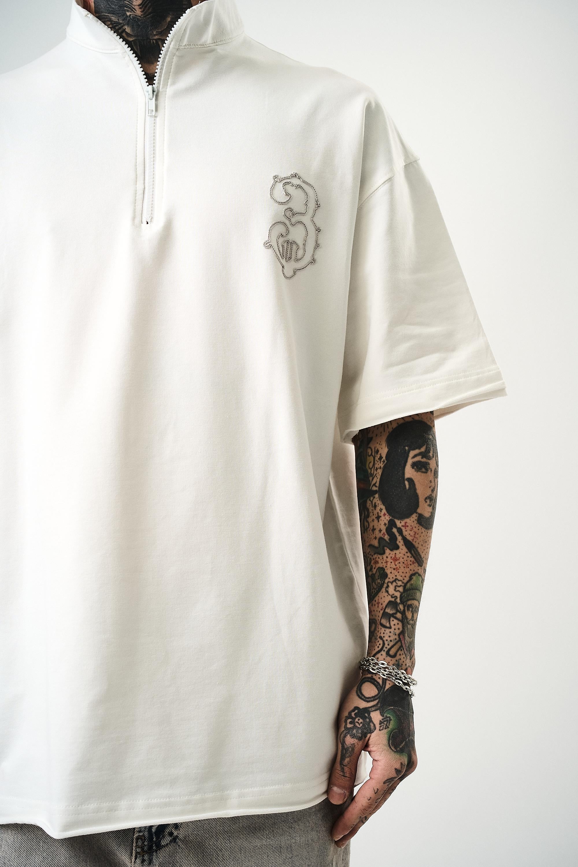Erkek 3 Nakışlı Yarım Fermuarlı Oversize T-Shirt Ekru