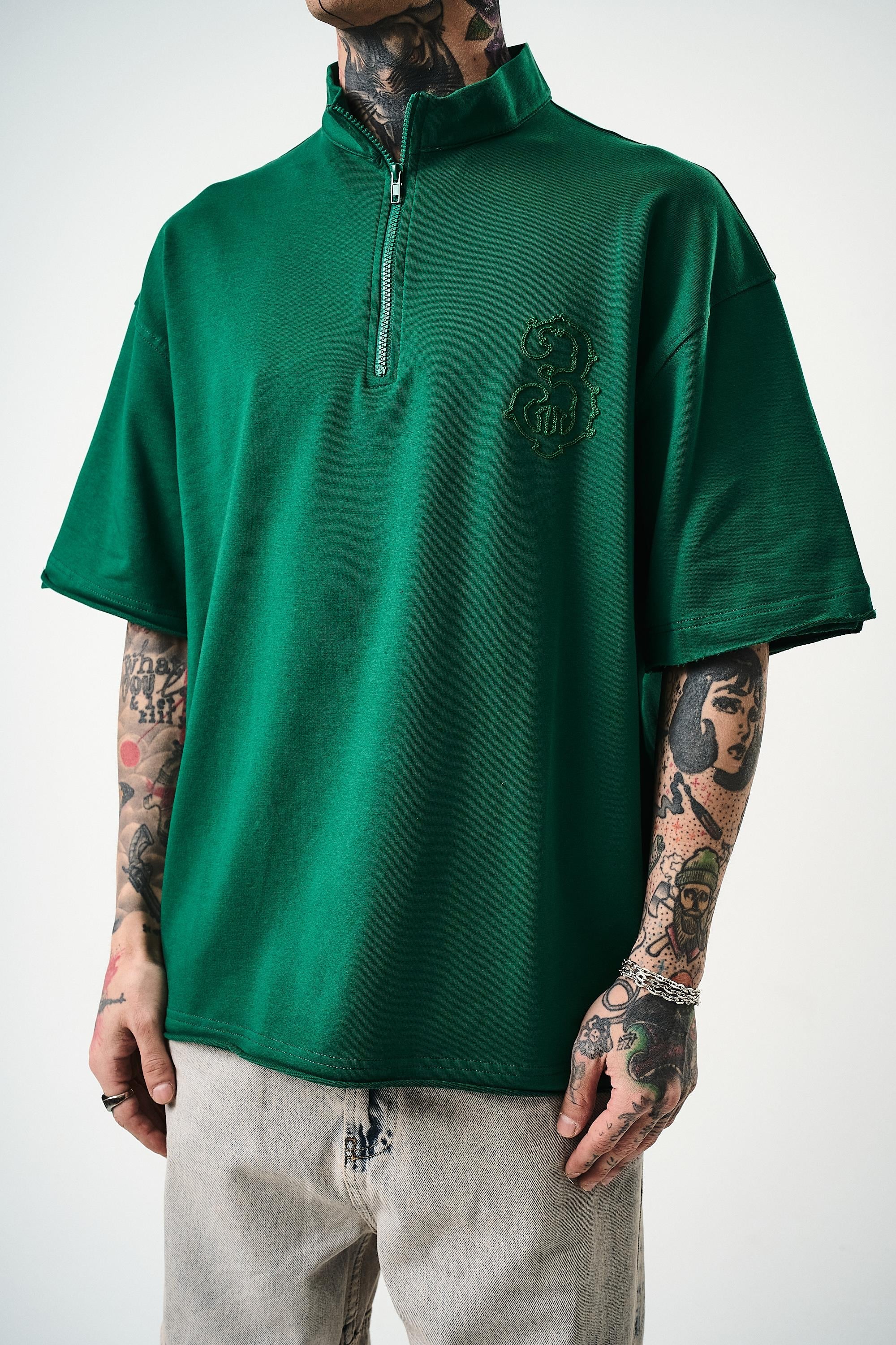 Erkek 3 Nakışlı Yarım Fermuarlı Oversize T-Shirt Nefti