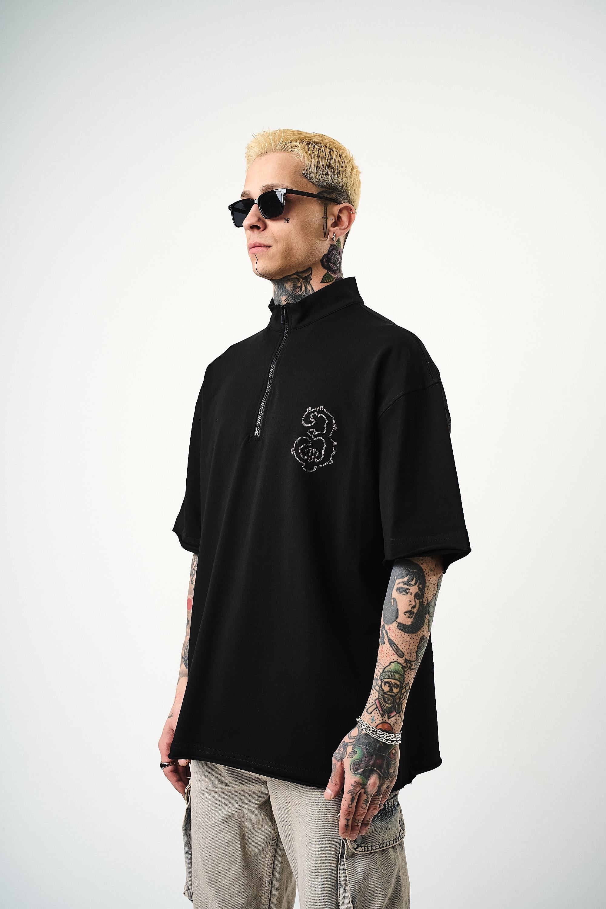 Erkek 3 Nakışlı Yarım Fermuarlı Oversize T-Shirt Siyah