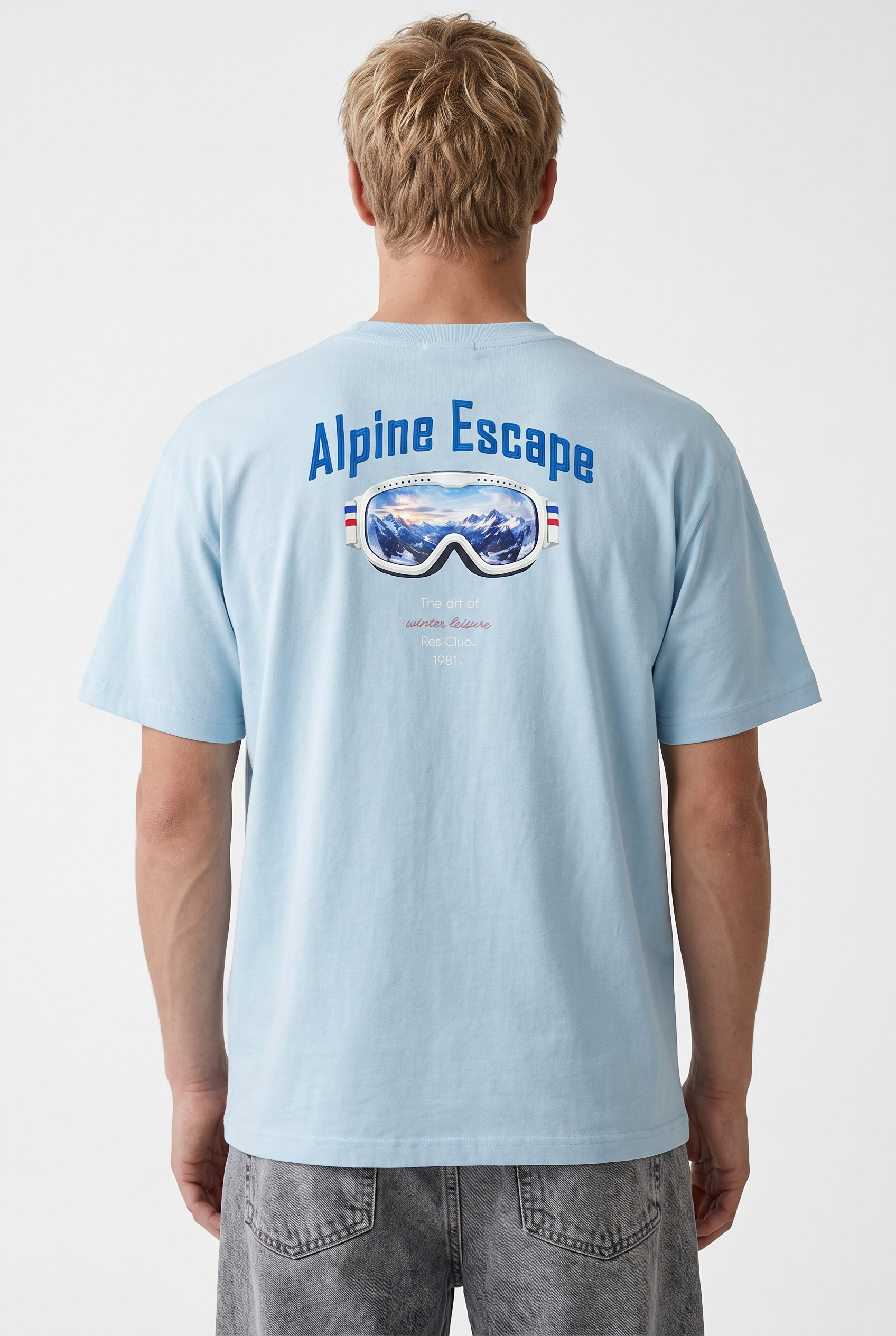 Erkek Alpine Nakışlı Oversize T-Shirt Bebe Mavi