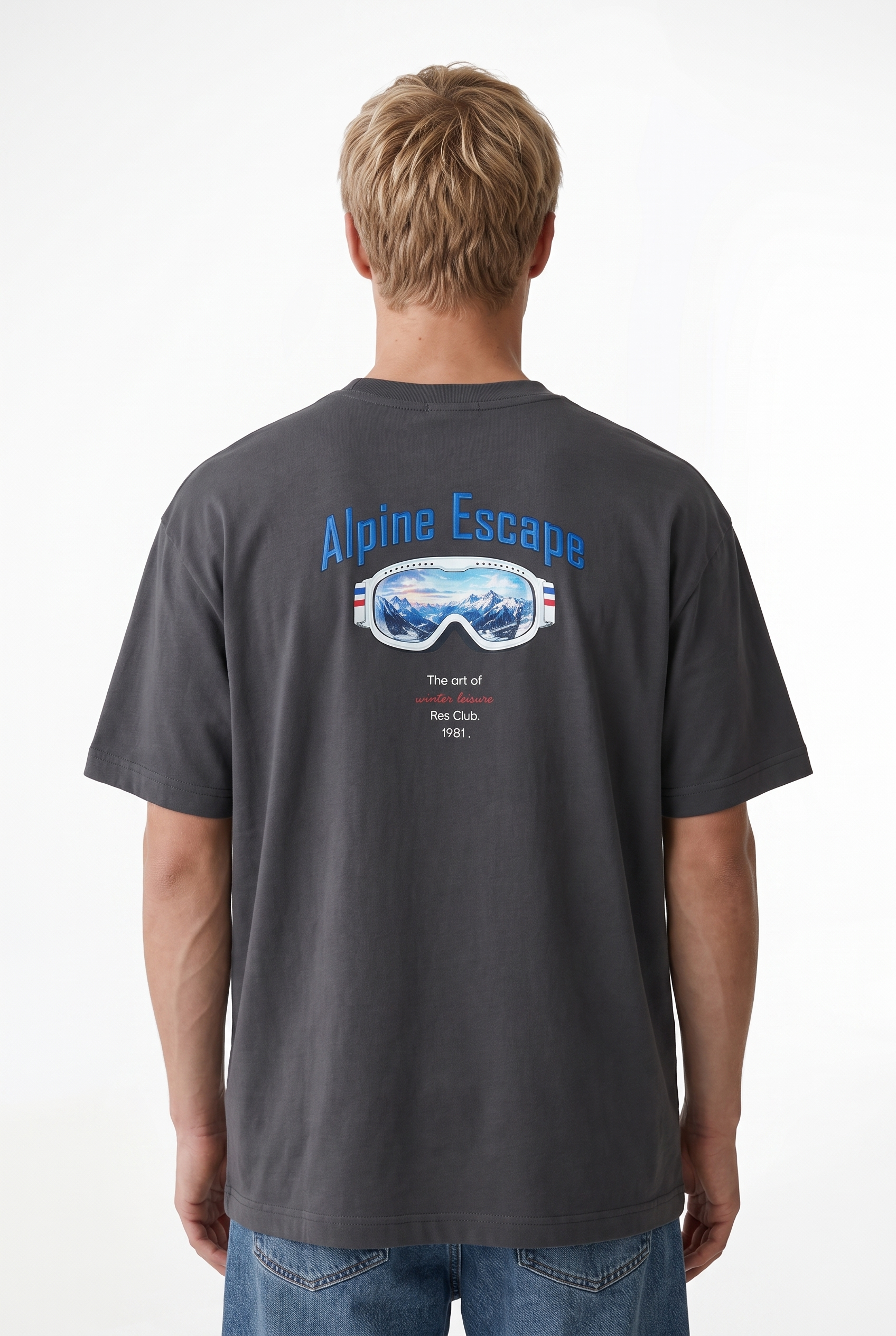 Erkek Alpine Nakışlı Oversize T-Shirt Füme