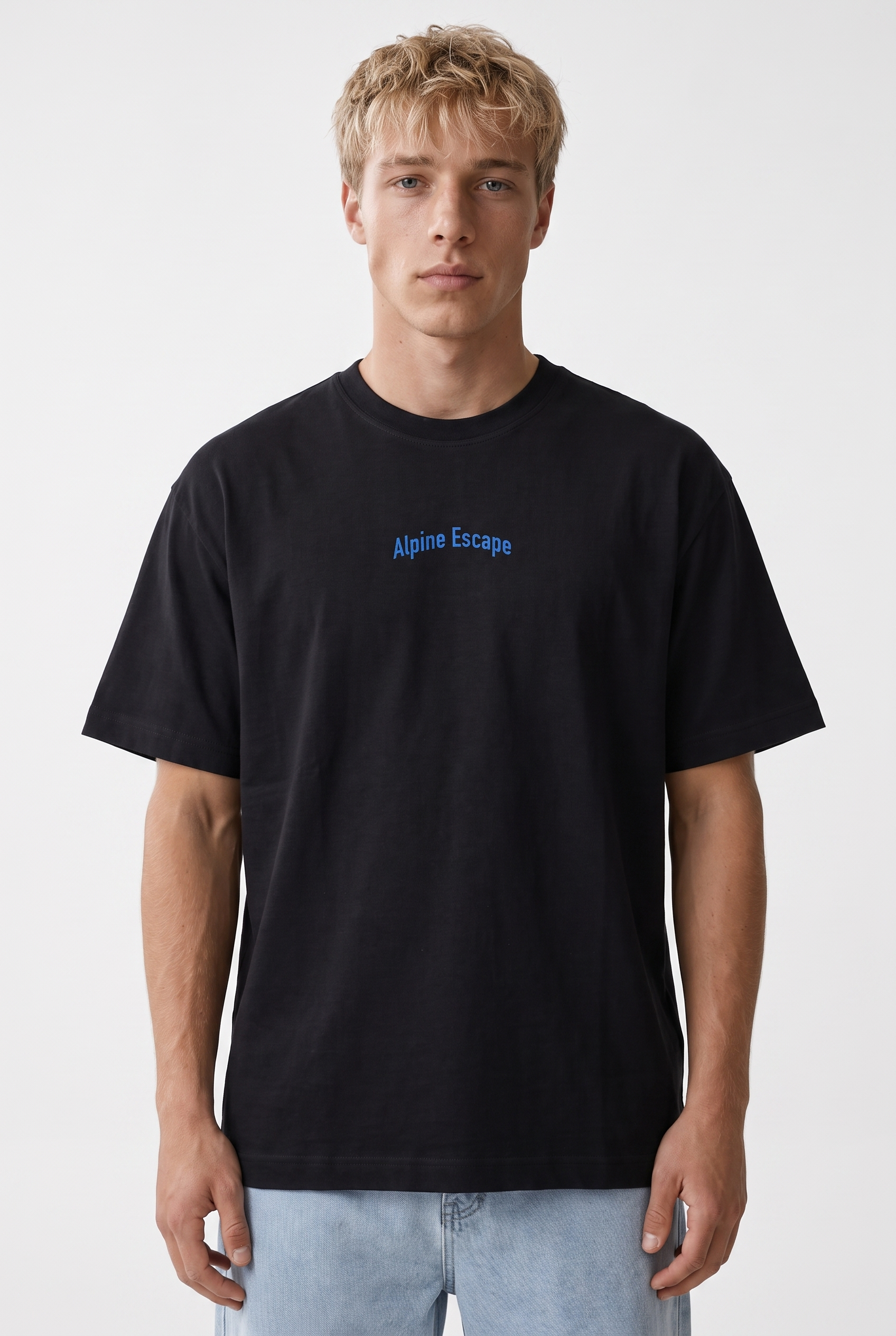 Erkek Alpine Nakışlı Oversize T-Shirt Siyah