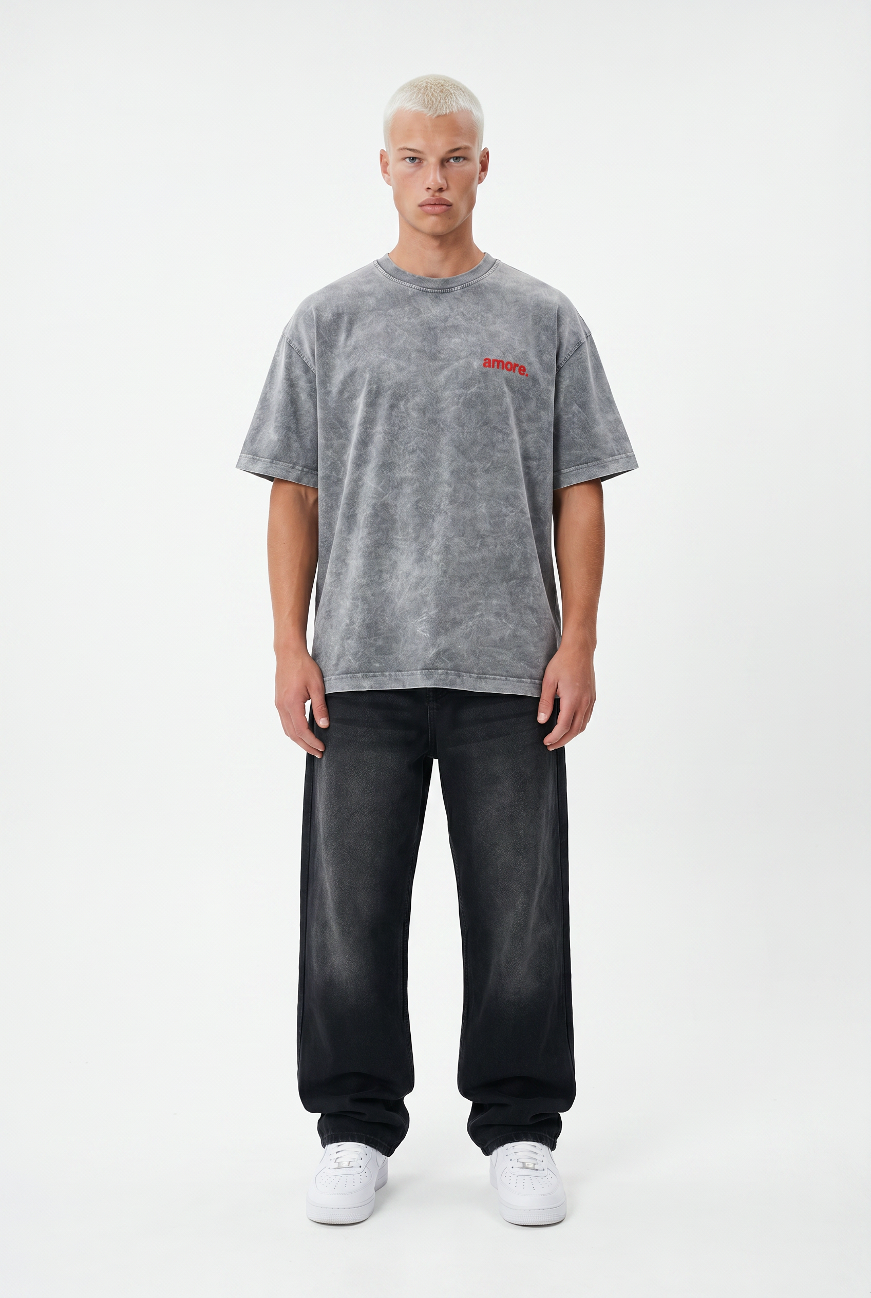 Erkek Amore Baskılı Oversize T-Shirt Gri