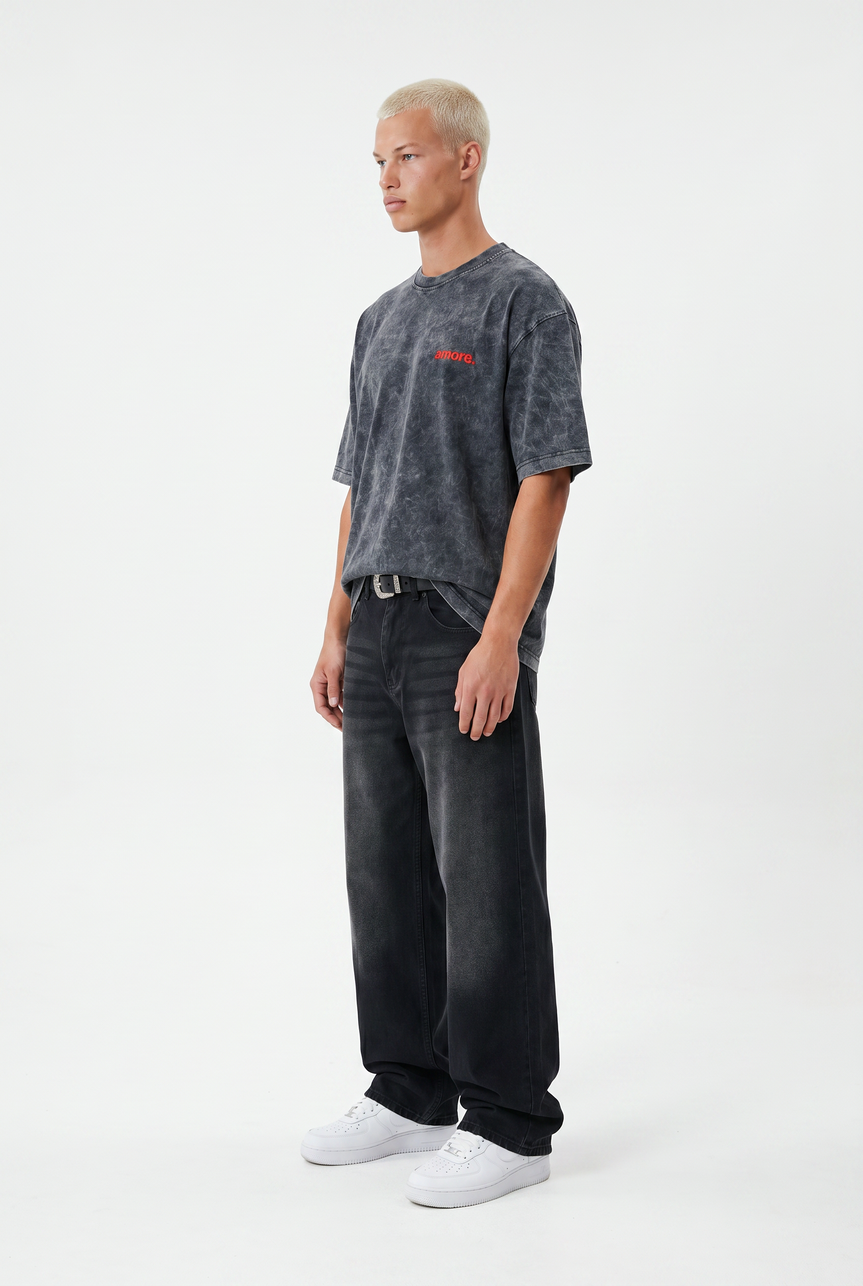 Erkek Amore Baskılı Oversize T-Shirt Siyah