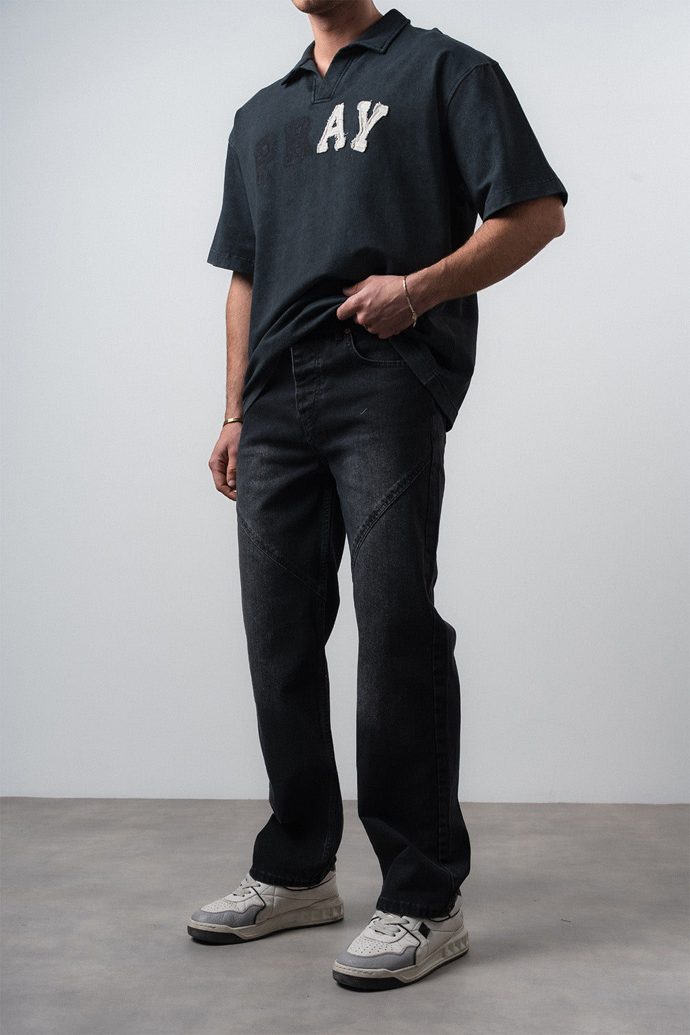 Respire-Erkek Asimetrik Dikiş Detaylı Baggy Jean Siyah-Kot Pantolon-2-Milagron.com