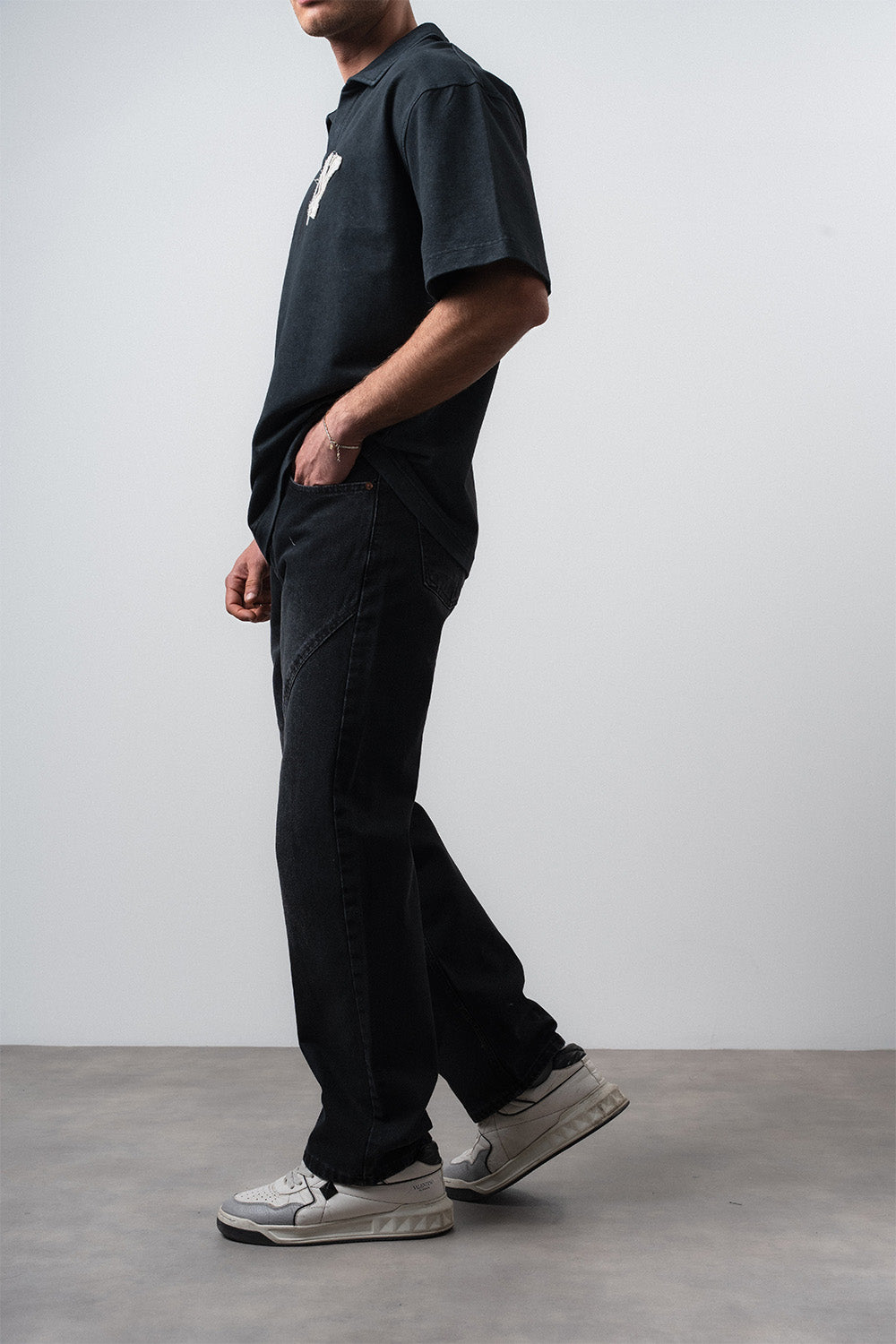 Respire-Erkek Asimetrik Dikiş Detaylı Baggy Jean Siyah-Kot Pantolon-3-Milagron.com