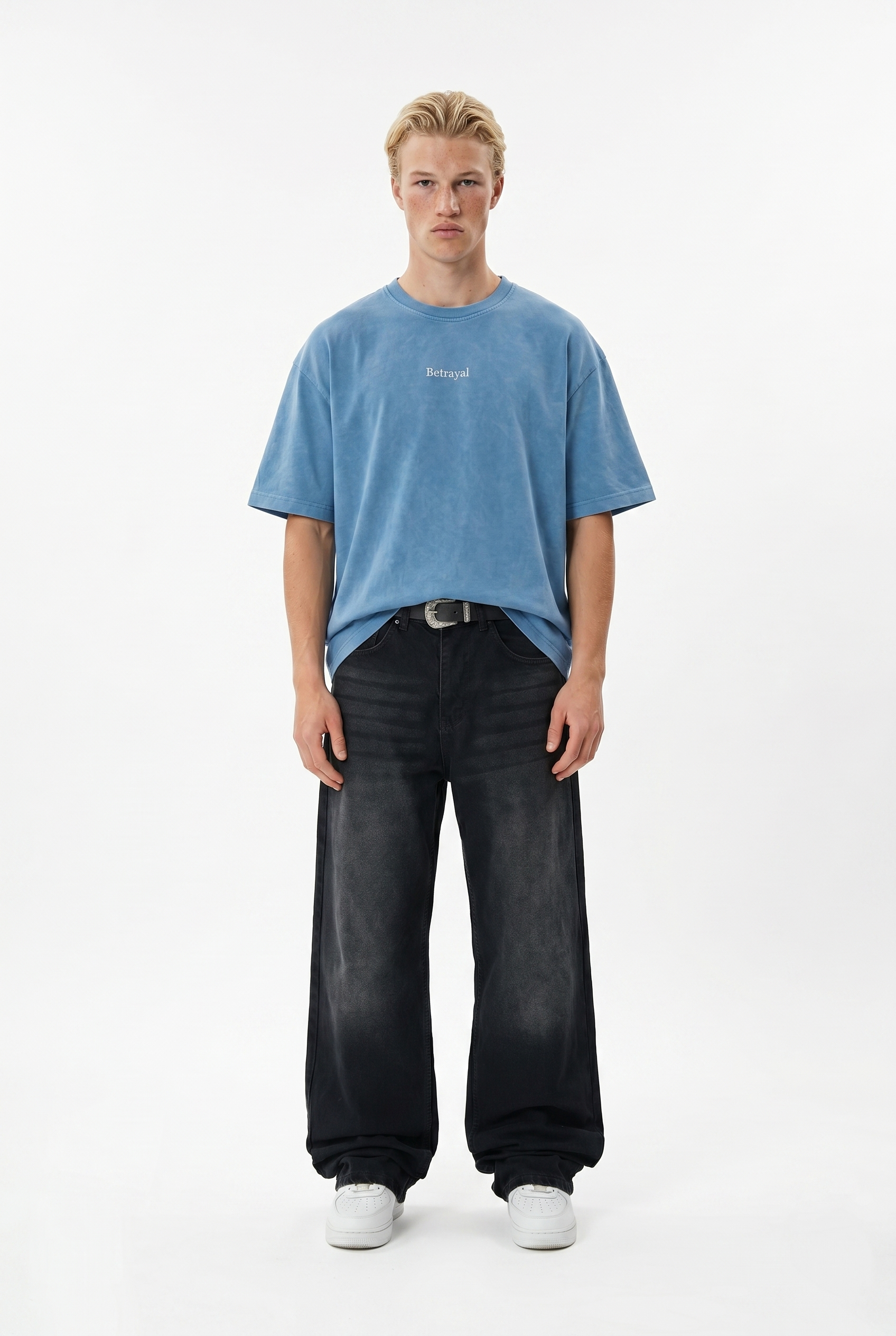 Erkek Betrayal Baskılı Yıkamalı Oversize T-Shirt Bebe Mavi
