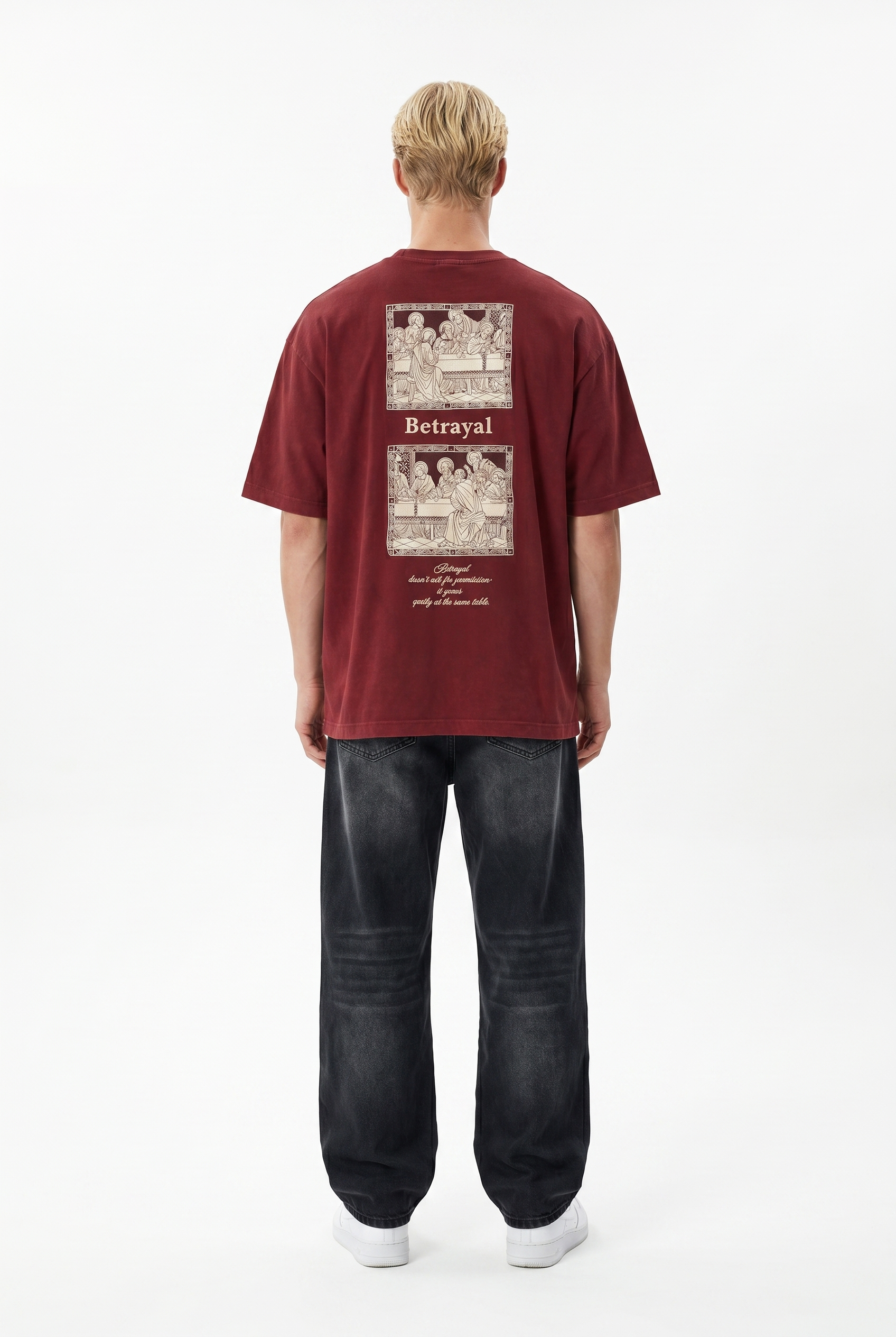 Erkek Betrayal Baskılı Yıkamalı Oversize T-Shirt Bordo