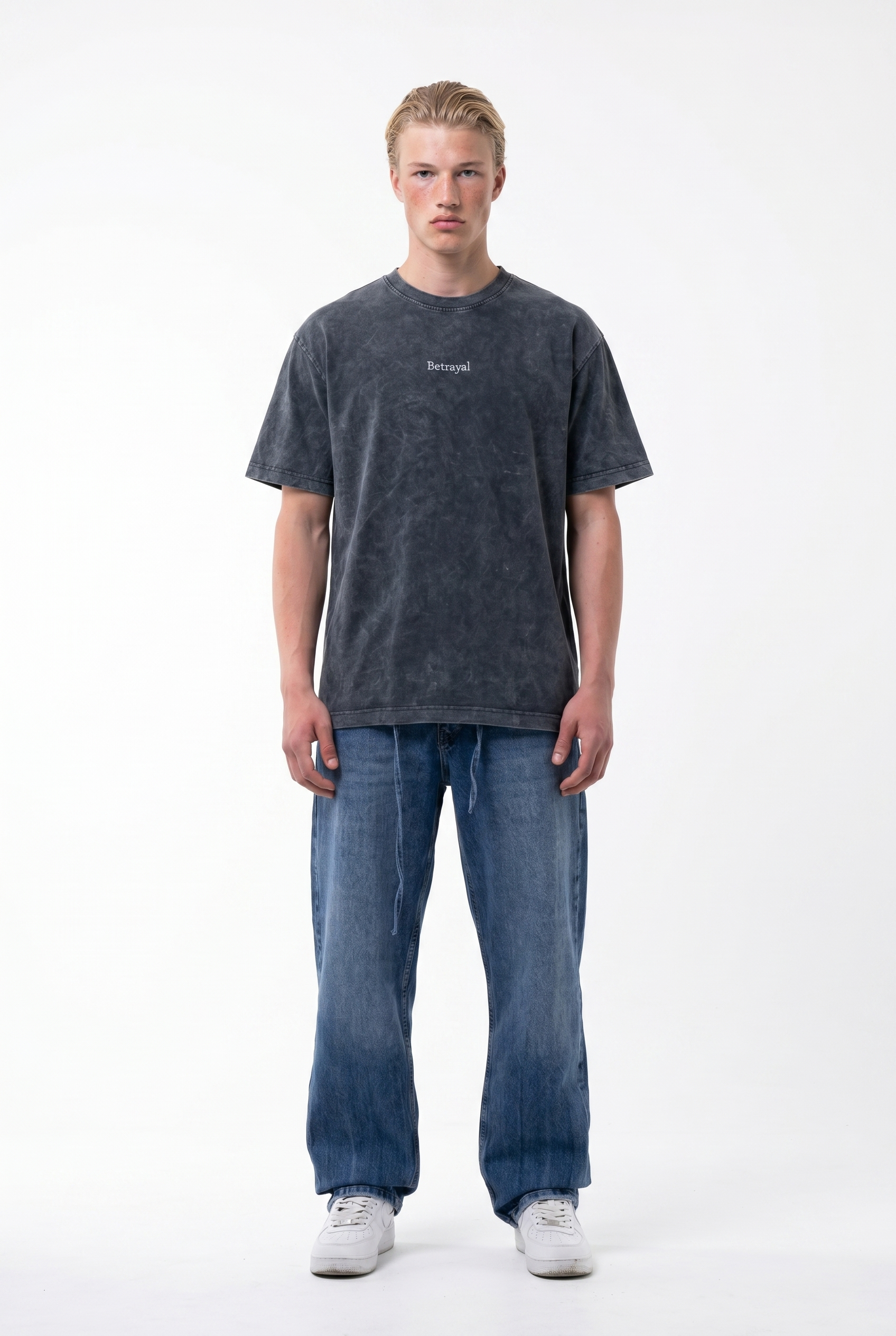 Erkek Betrayal Baskılı Yıkamalı Oversize T-Shirt Siyah