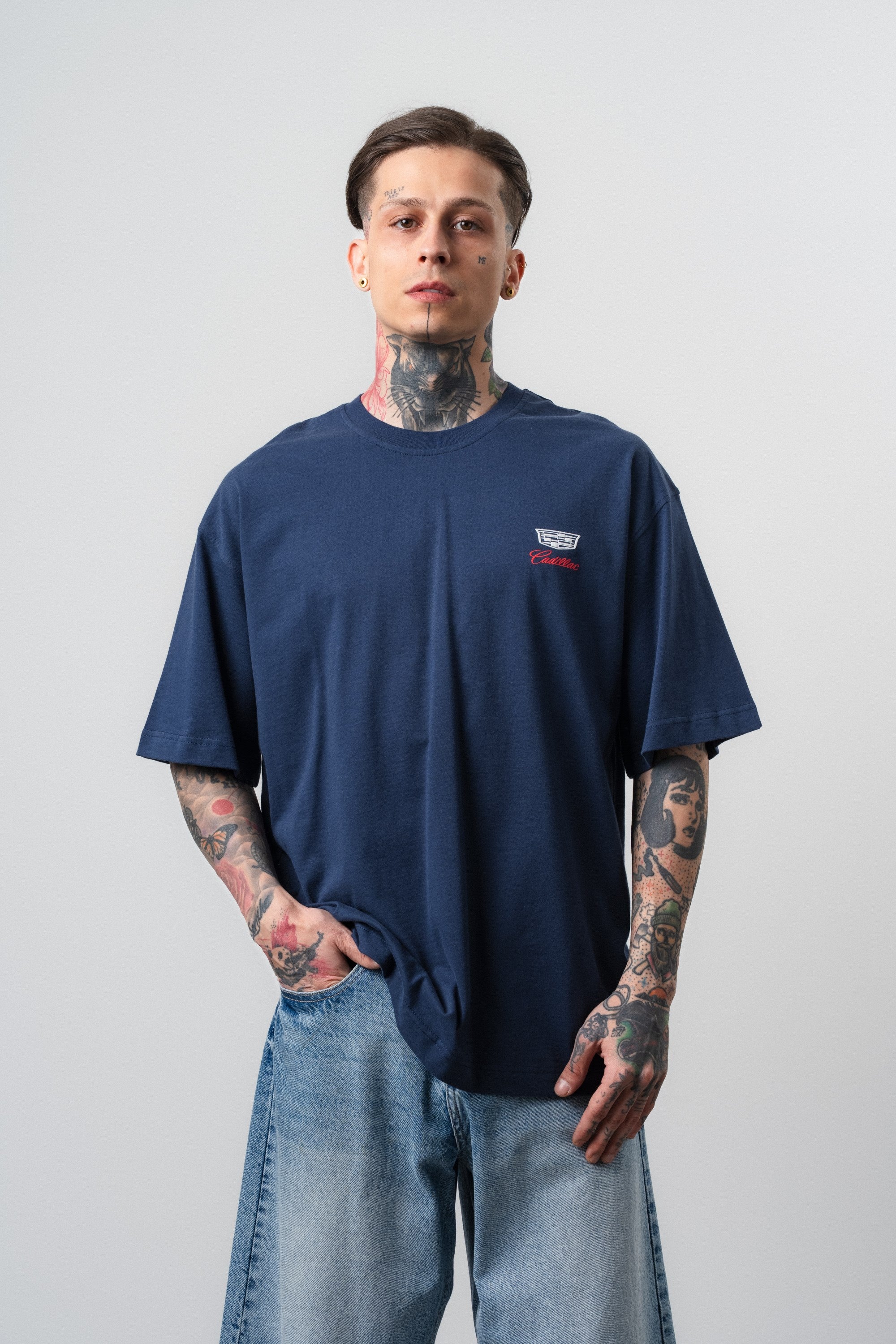 Erkek Cadillac Baskılı Oversize T-Shirt Lacivert