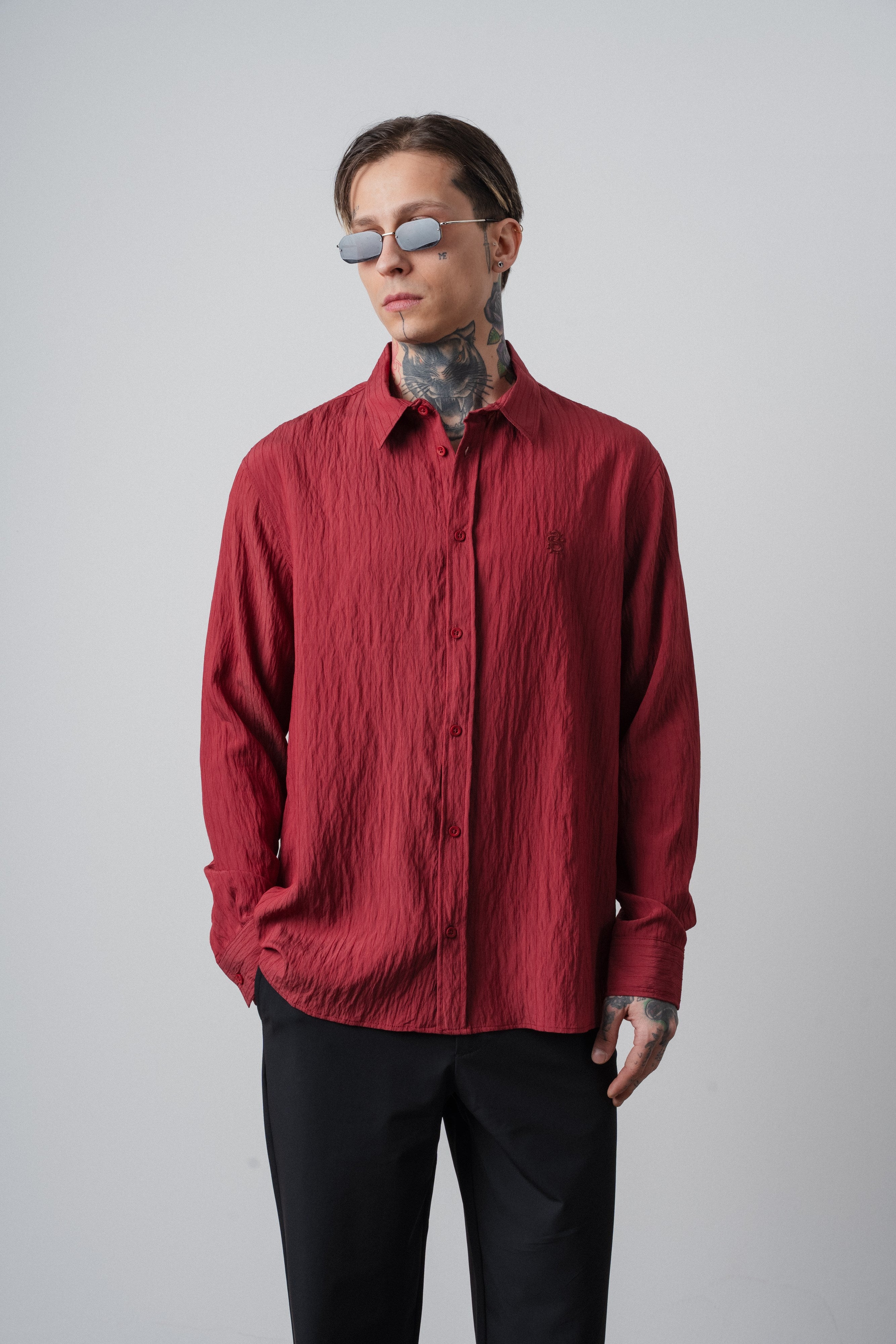 Erkek Çizgi Detaylı Uzun Kollu Oversize Gömlek Bordo