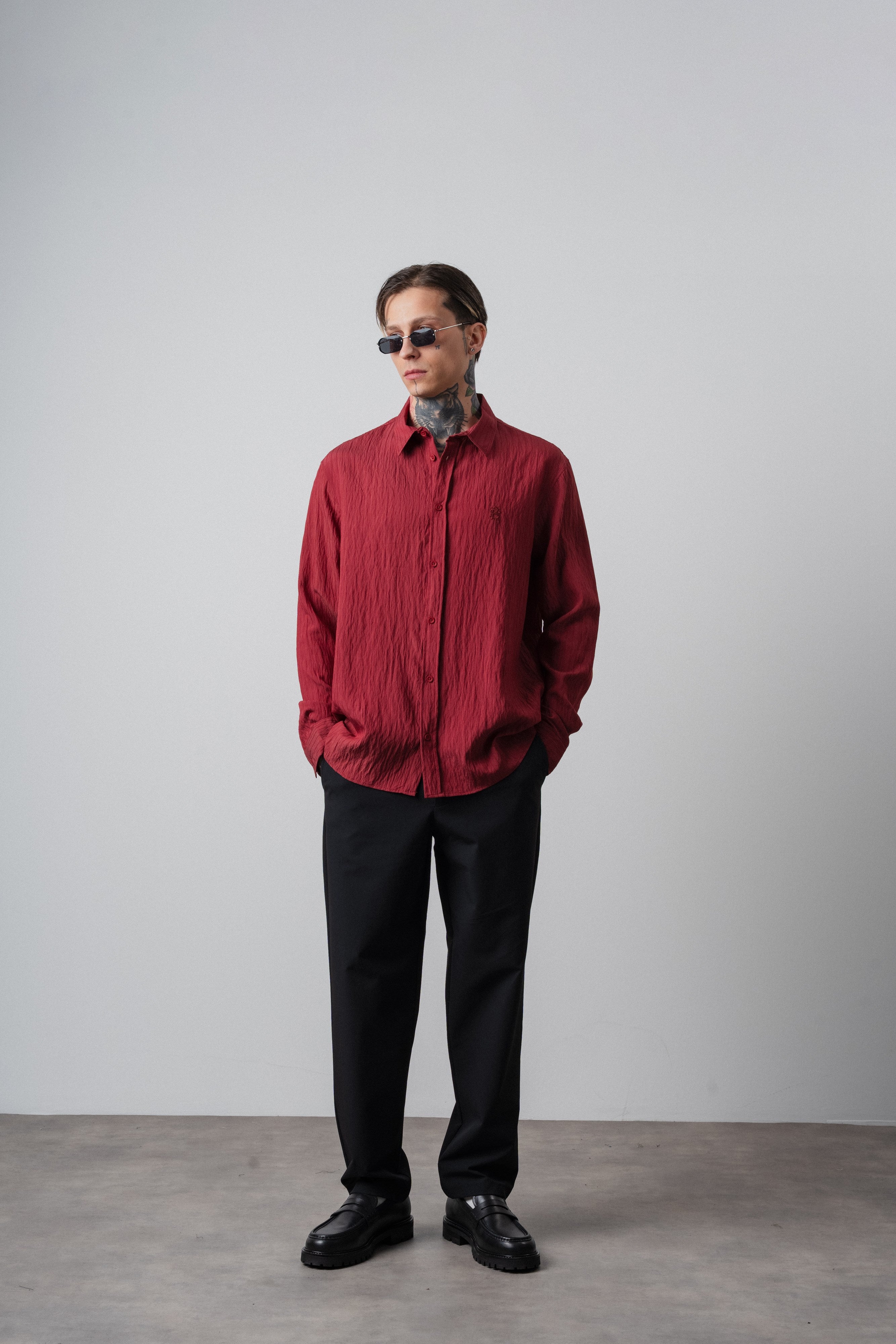 Erkek Çizgi Detaylı Uzun Kollu Oversize Gömlek Bordo