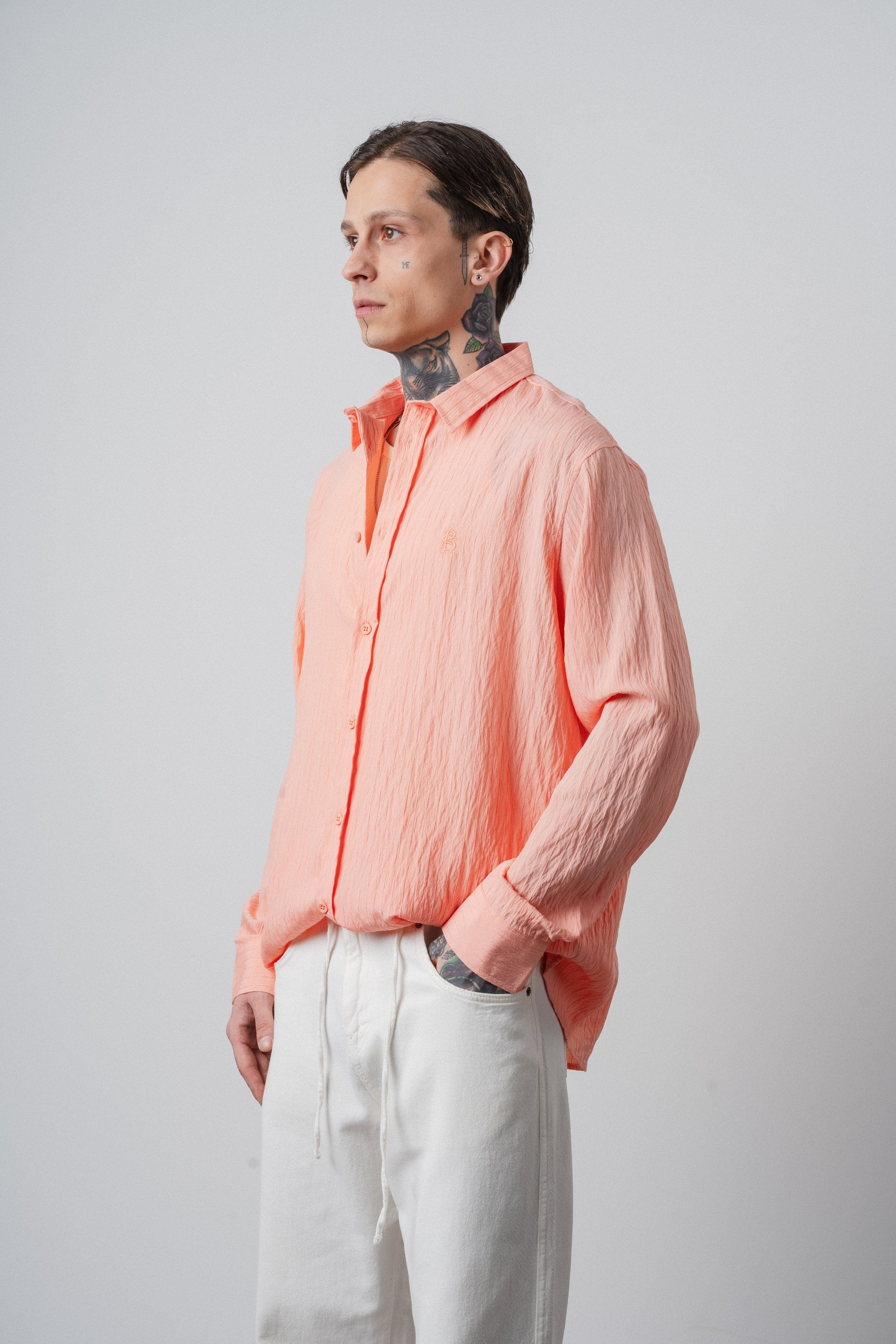 Erkek Çizgi Detaylı Uzun Kollu Oversize Gömlek Pembe