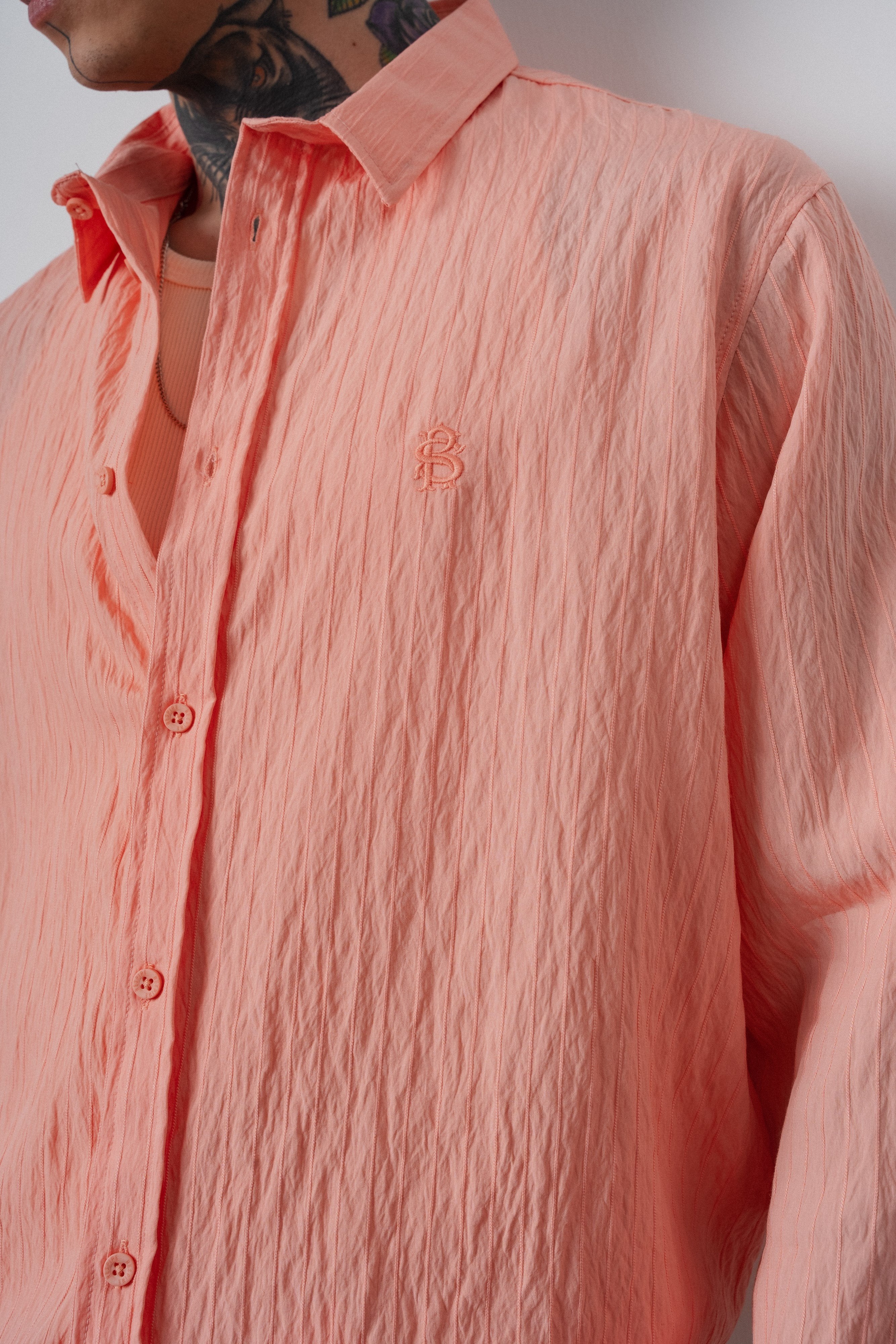 Erkek Çizgi Detaylı Uzun Kollu Oversize Gömlek Pembe