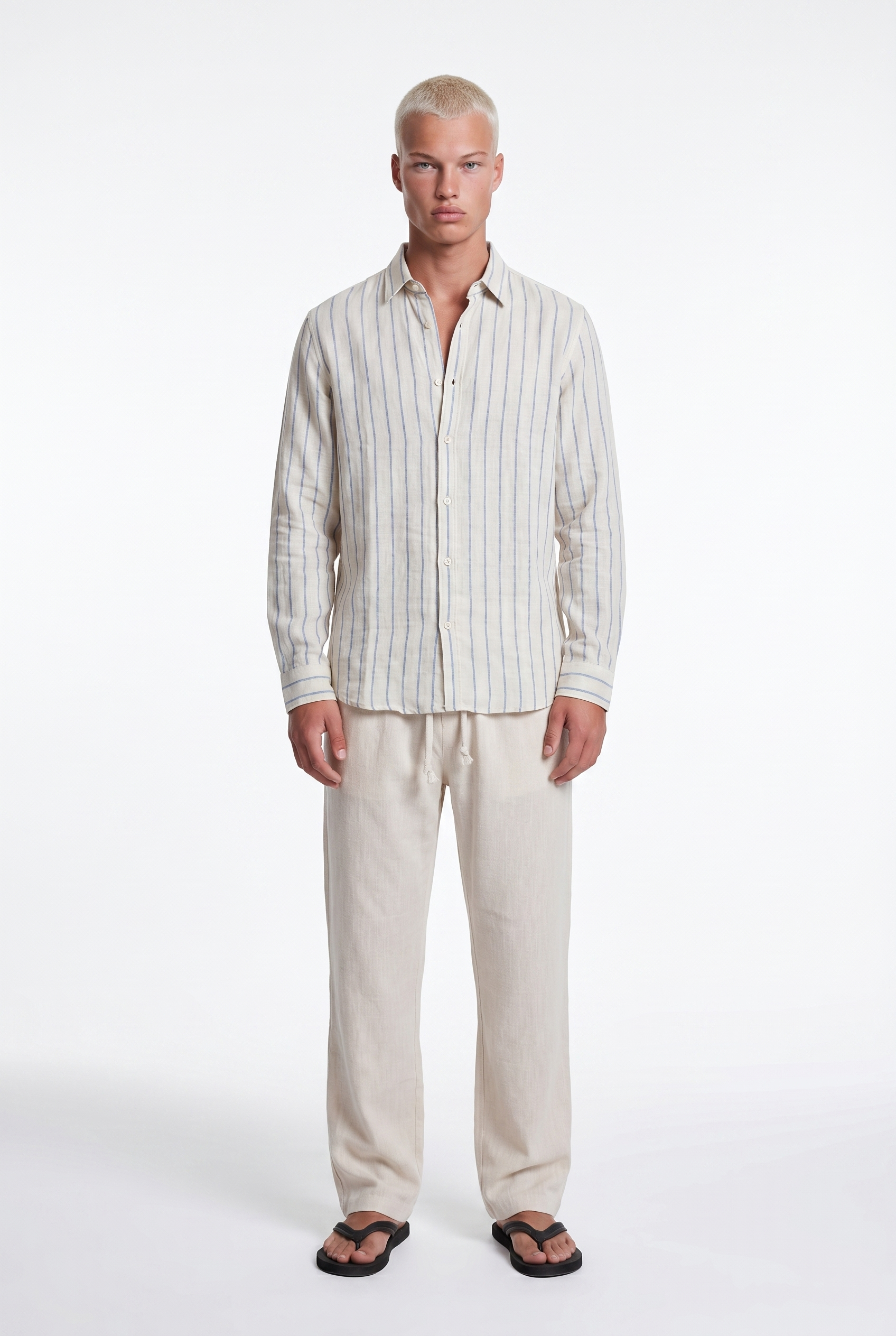 Erkek Çizgili Müslin Oversize Gömlek Bej