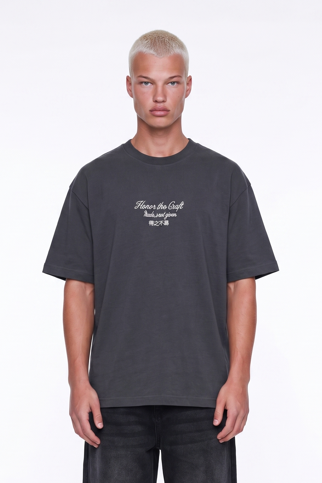 Erkek Craft Nakış Detaylı Oversize T-Shirt Füme