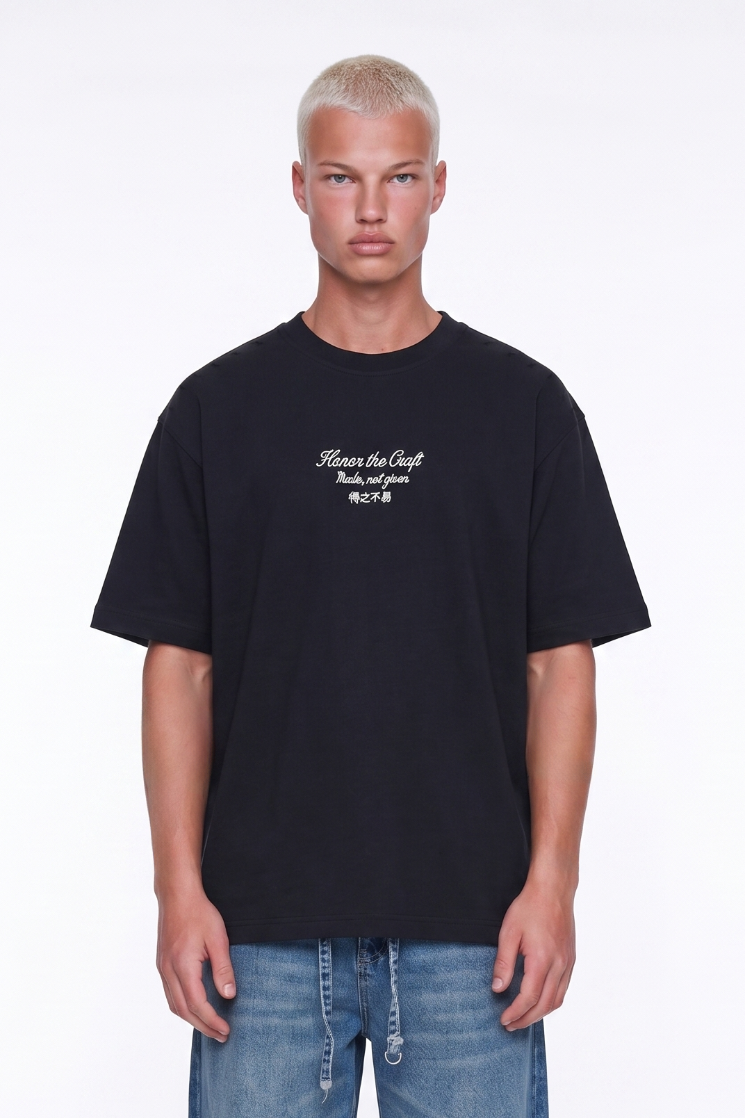 Erkek Craft Nakış Detaylı Oversize T-Shirt Siyah