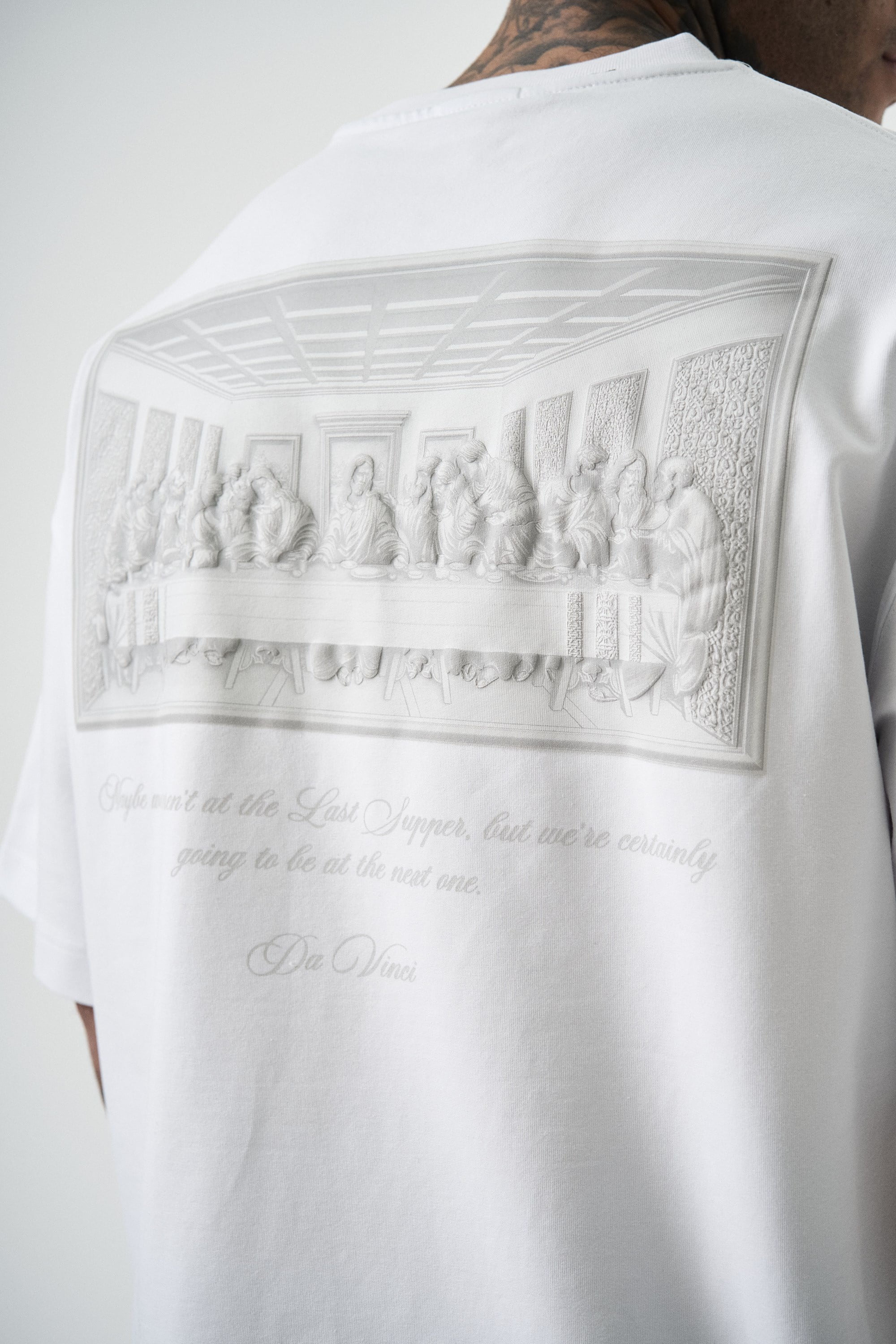 Erkek Da Vinci Baskılı Oversize T-Shirt Beyaz