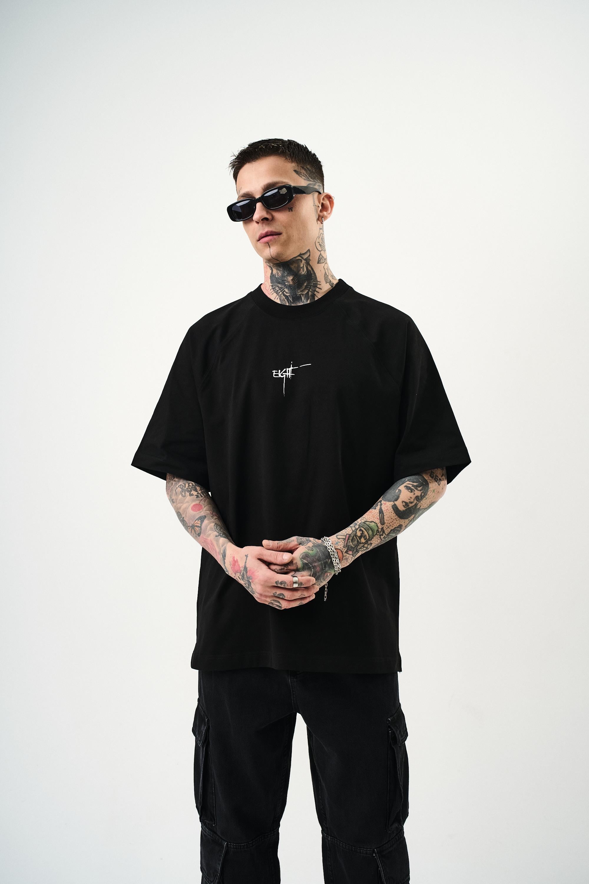 Erkek Eight Baskılı Oversize T-Shirt Siyah