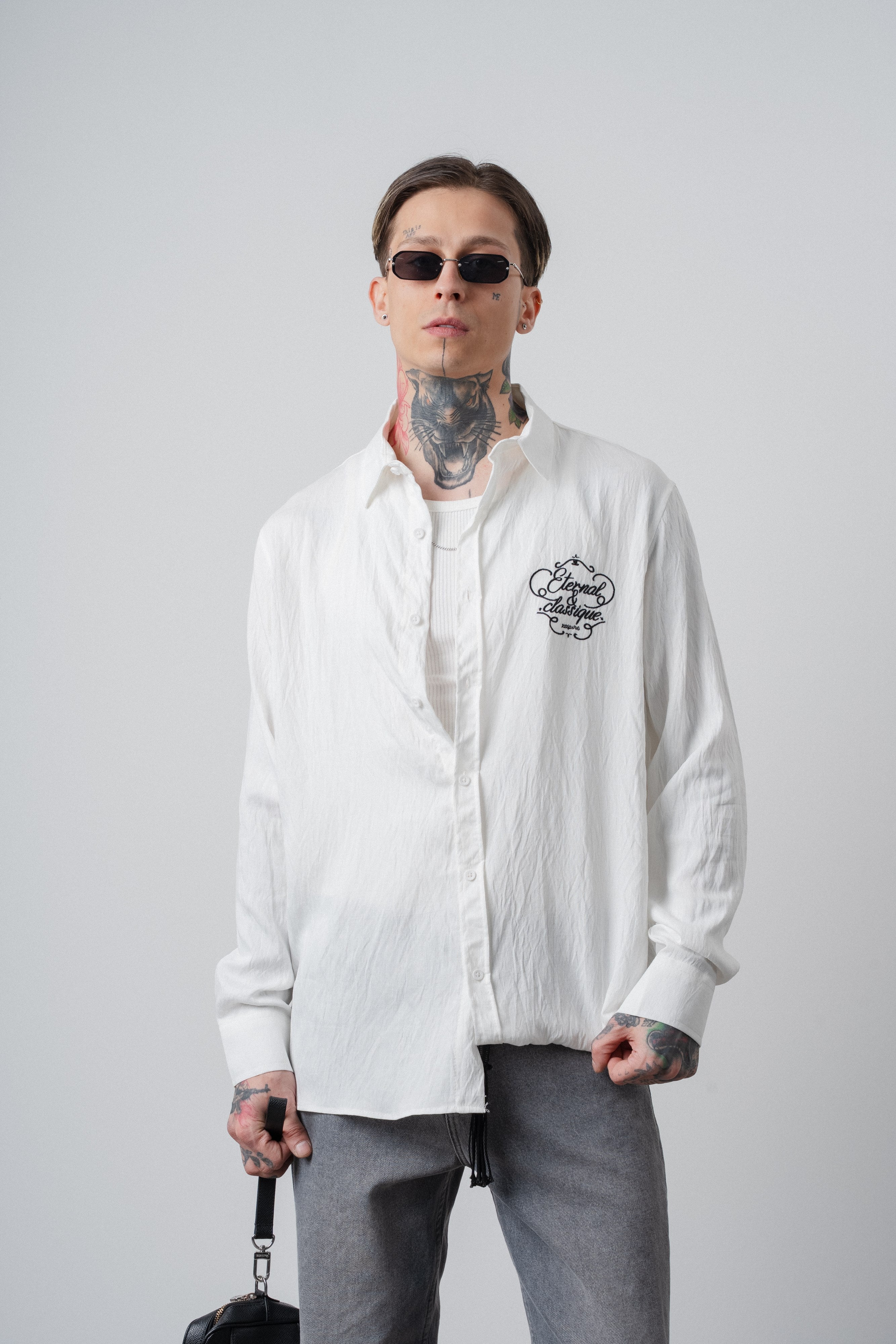 Erkek Eternal Nakışlı Uzun Kollu Keten Oversize Gömlek Ekru