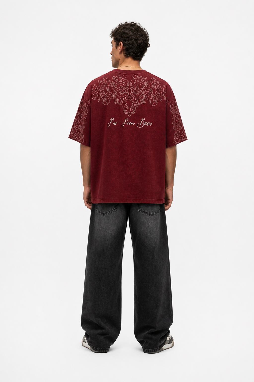 Erkek Far From Basic Yıkamalı Oversize T-Shirt Bordo