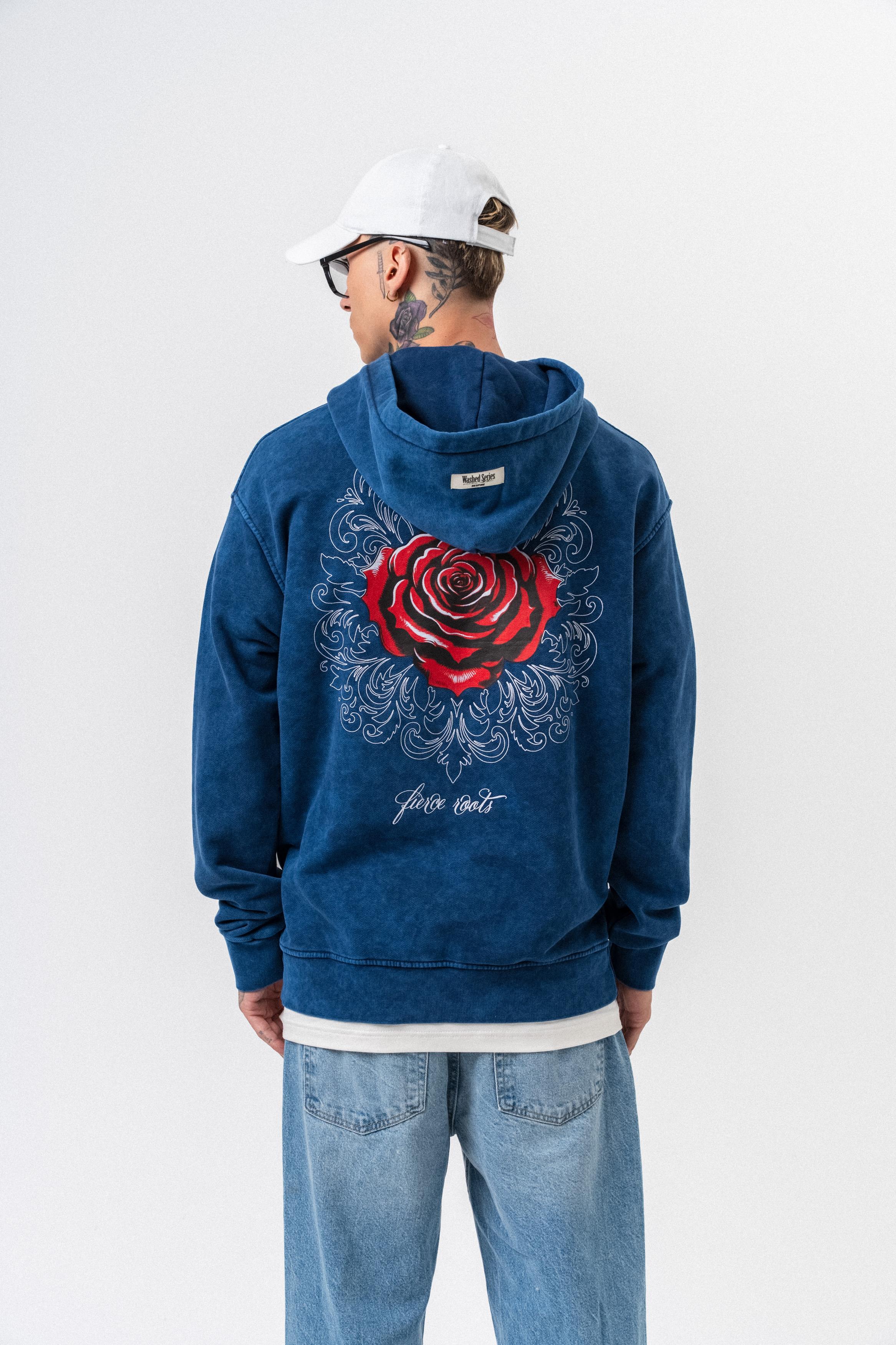 Erkek Fierce Baskılı Yıkamalı Kapüşonlu Oversize Hoodie İNdigo