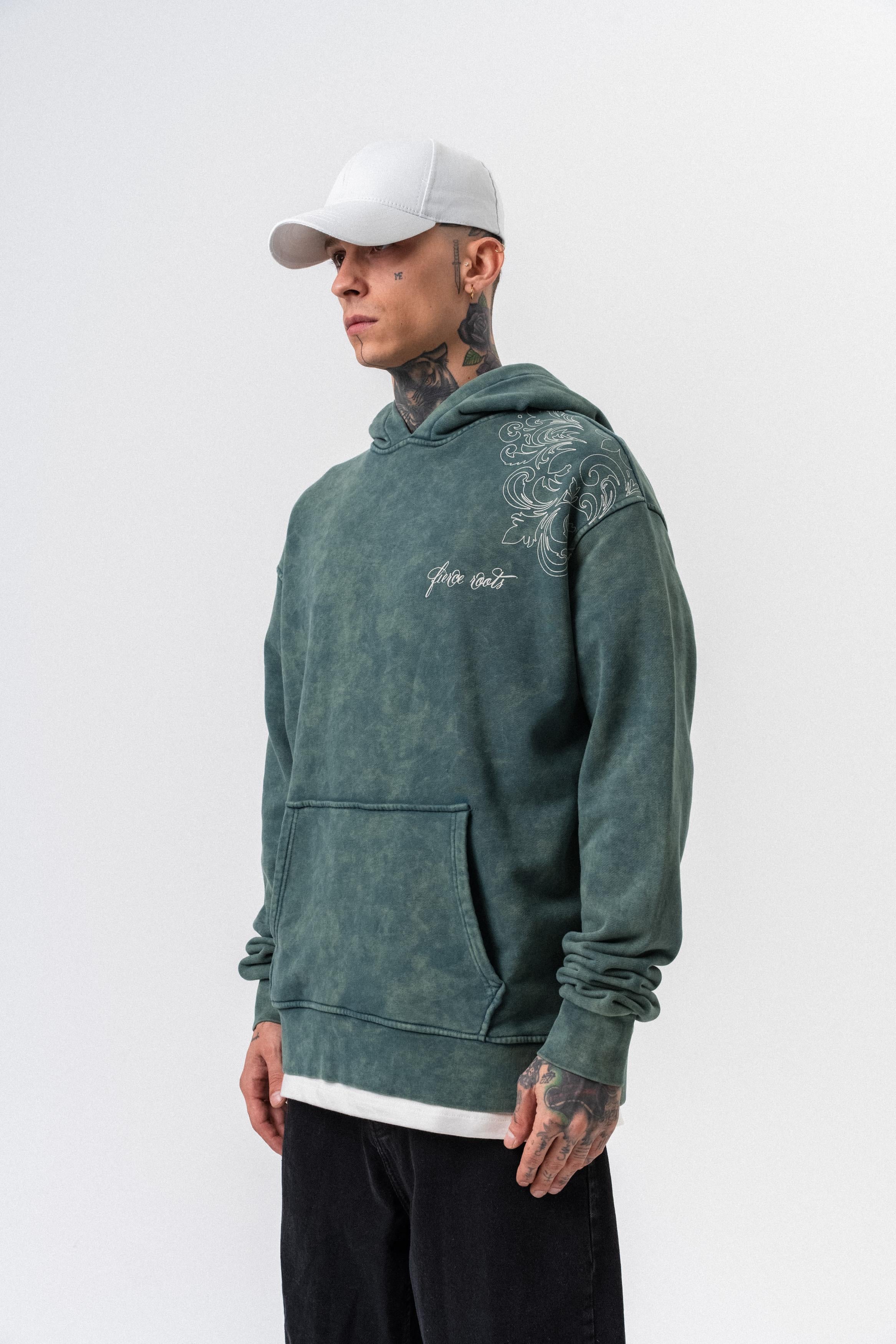 Erkek Fierce Baskılı Yıkamalı Kapüşonlu Oversize Hoodie Yeşil