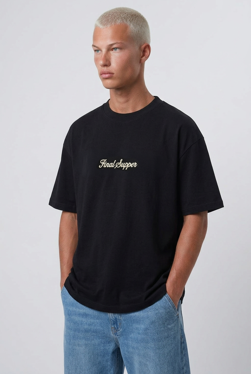 Erkek Final Supper Nakışlı Oversize T-Shirt Siyah