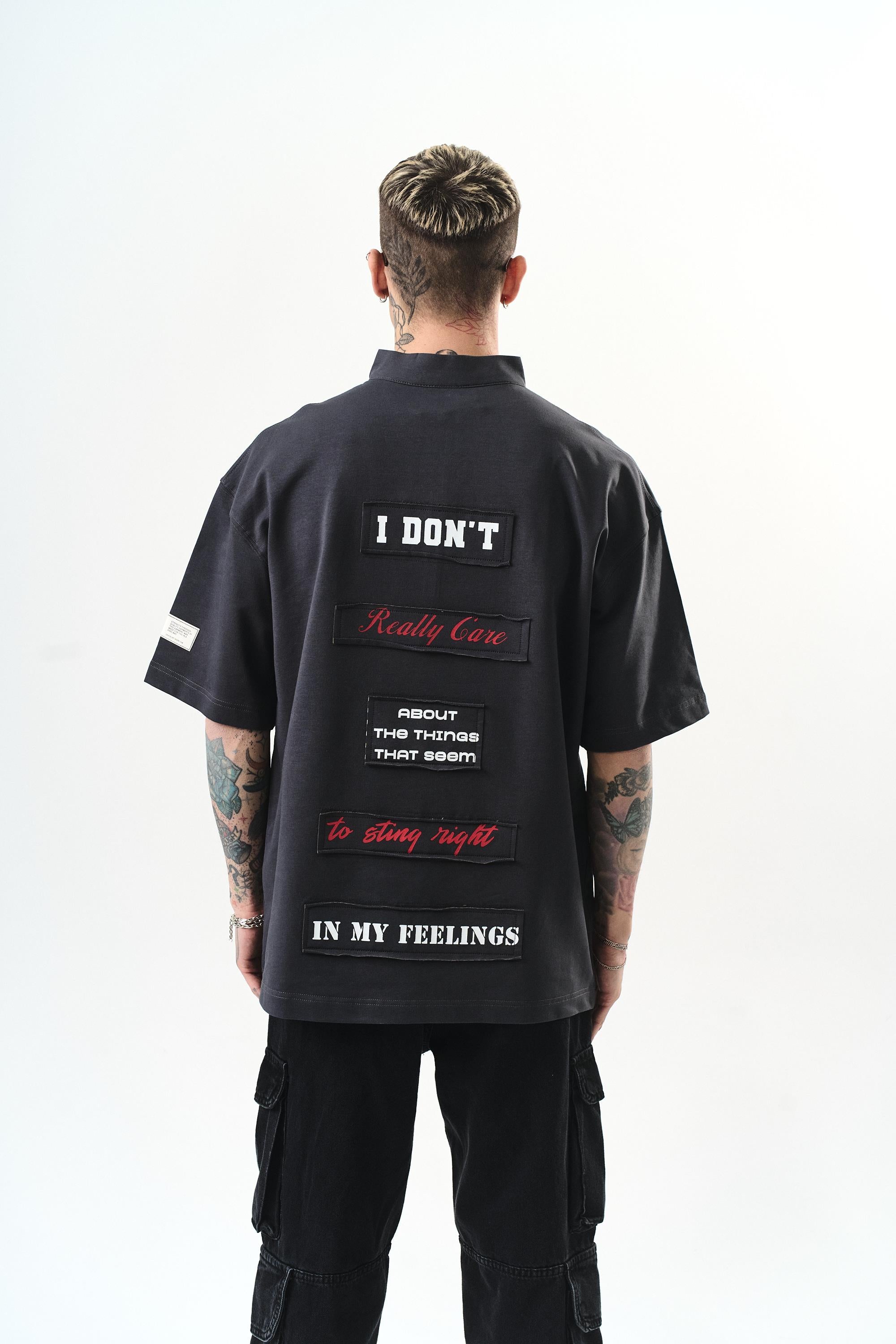 Erkek I Don'T Nakışlı Oversize T-Shirt Füme