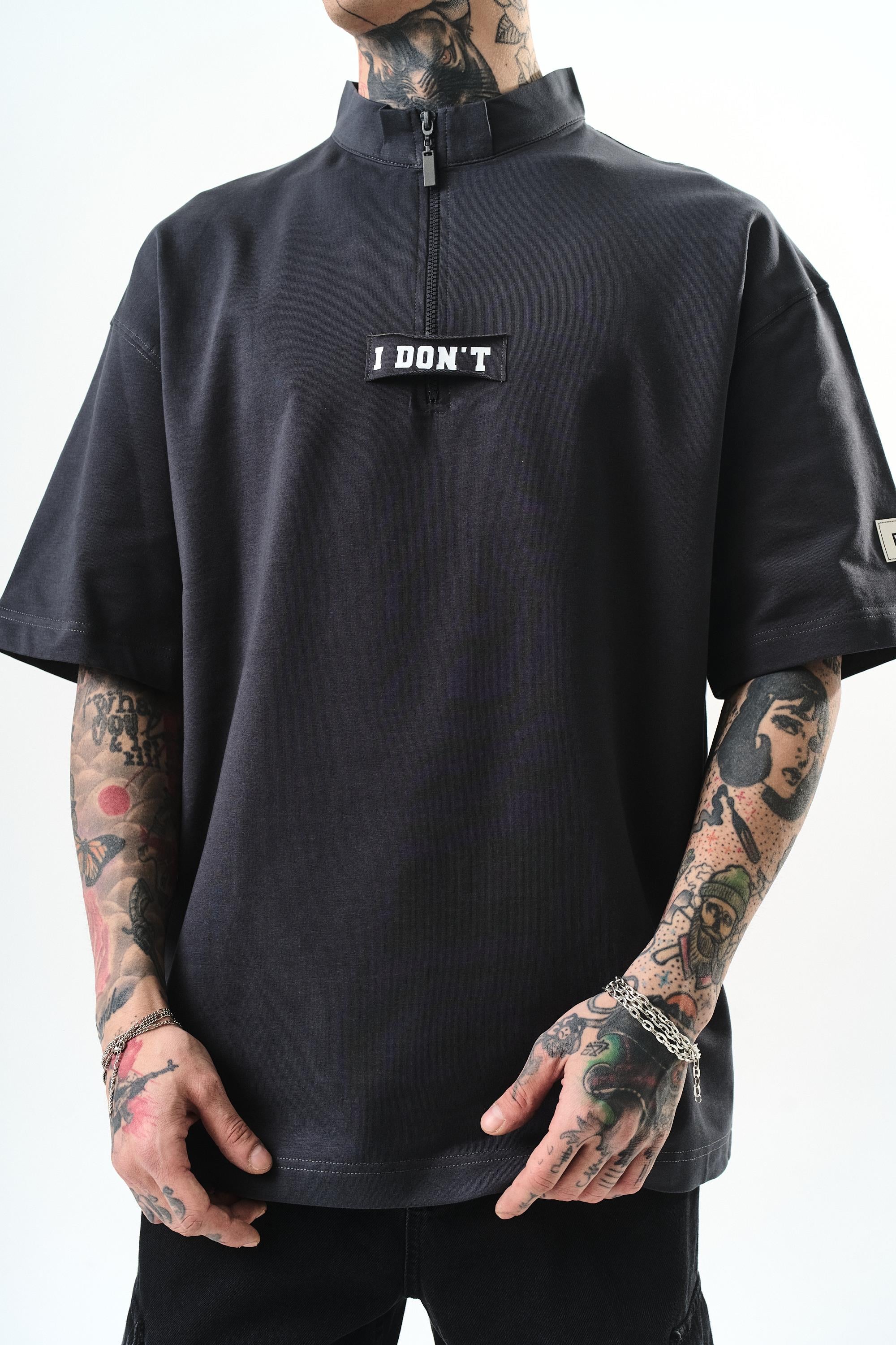 Erkek I Don'T Nakışlı Oversize T-Shirt Füme