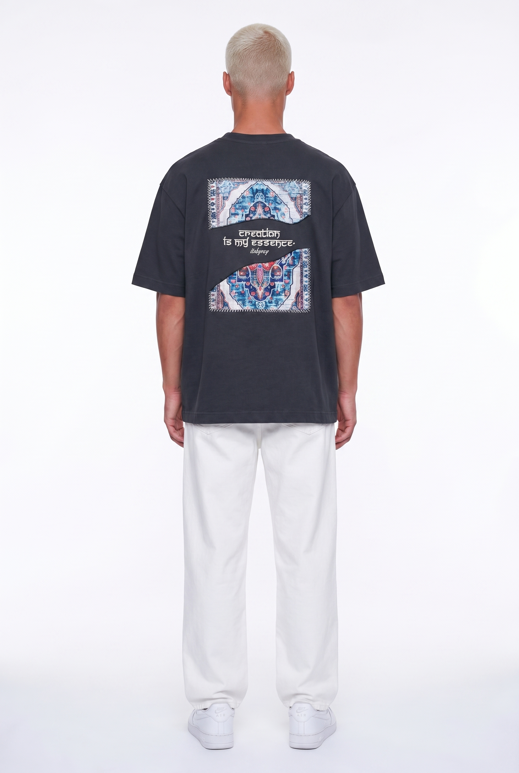 Erkek Itsbyzey Nakış Detaylı Oversize T-Shirt Füme