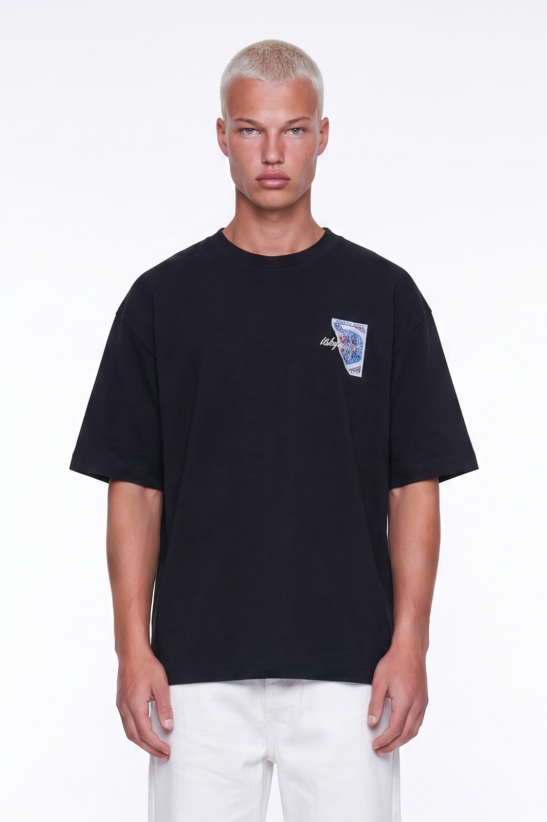 Erkek Itsbyzey Nakış Detaylı Oversize T-Shirt Siyah