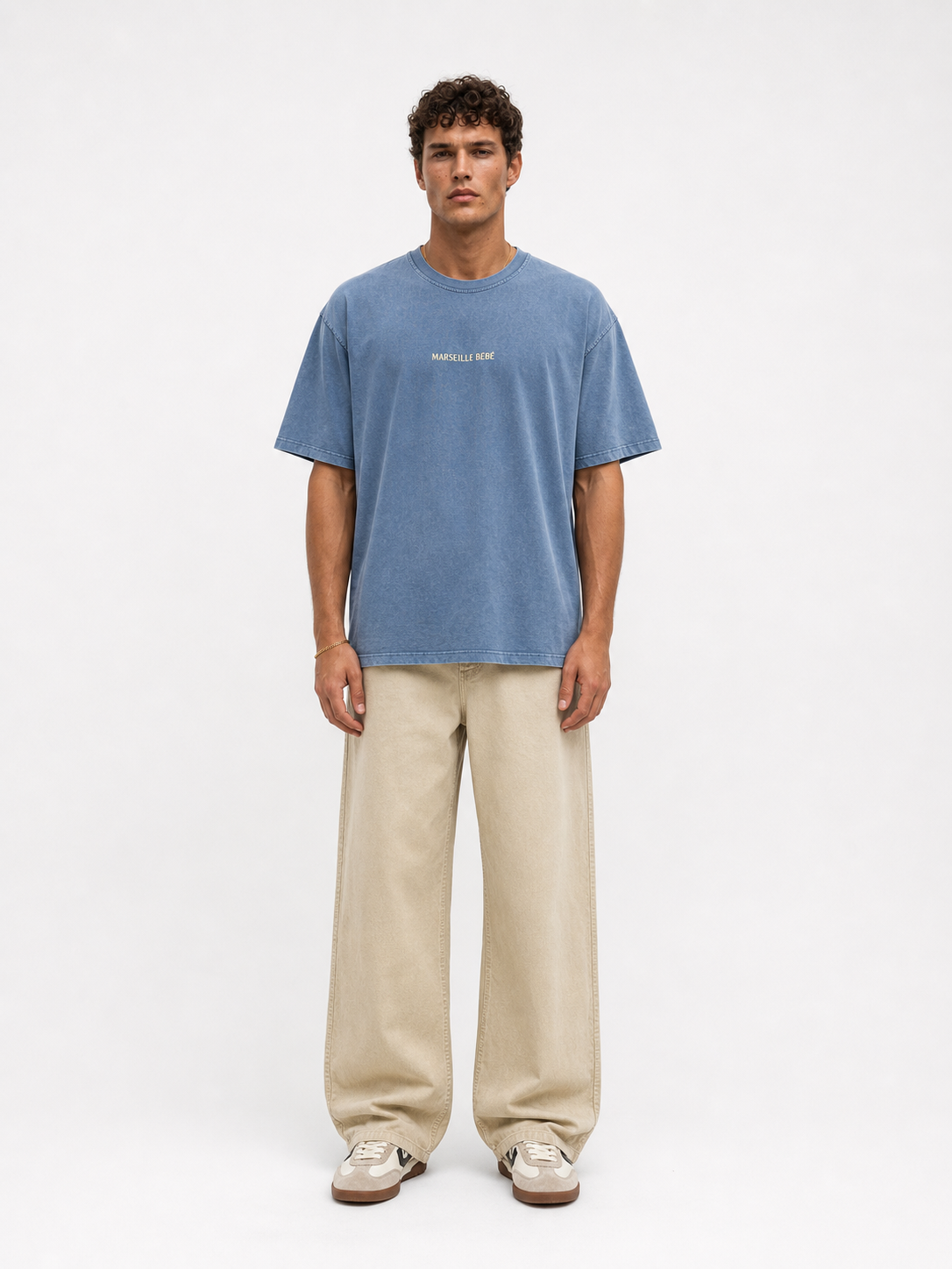 Erkek Marseille Baskılı Yıkamalı Oversize T-Shirt Bebe Mavi