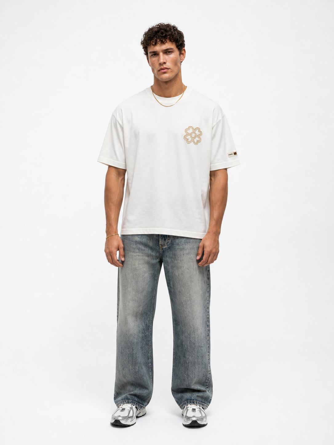 Erkek Nakış Detaylı Oversize T-Shirt Ekru