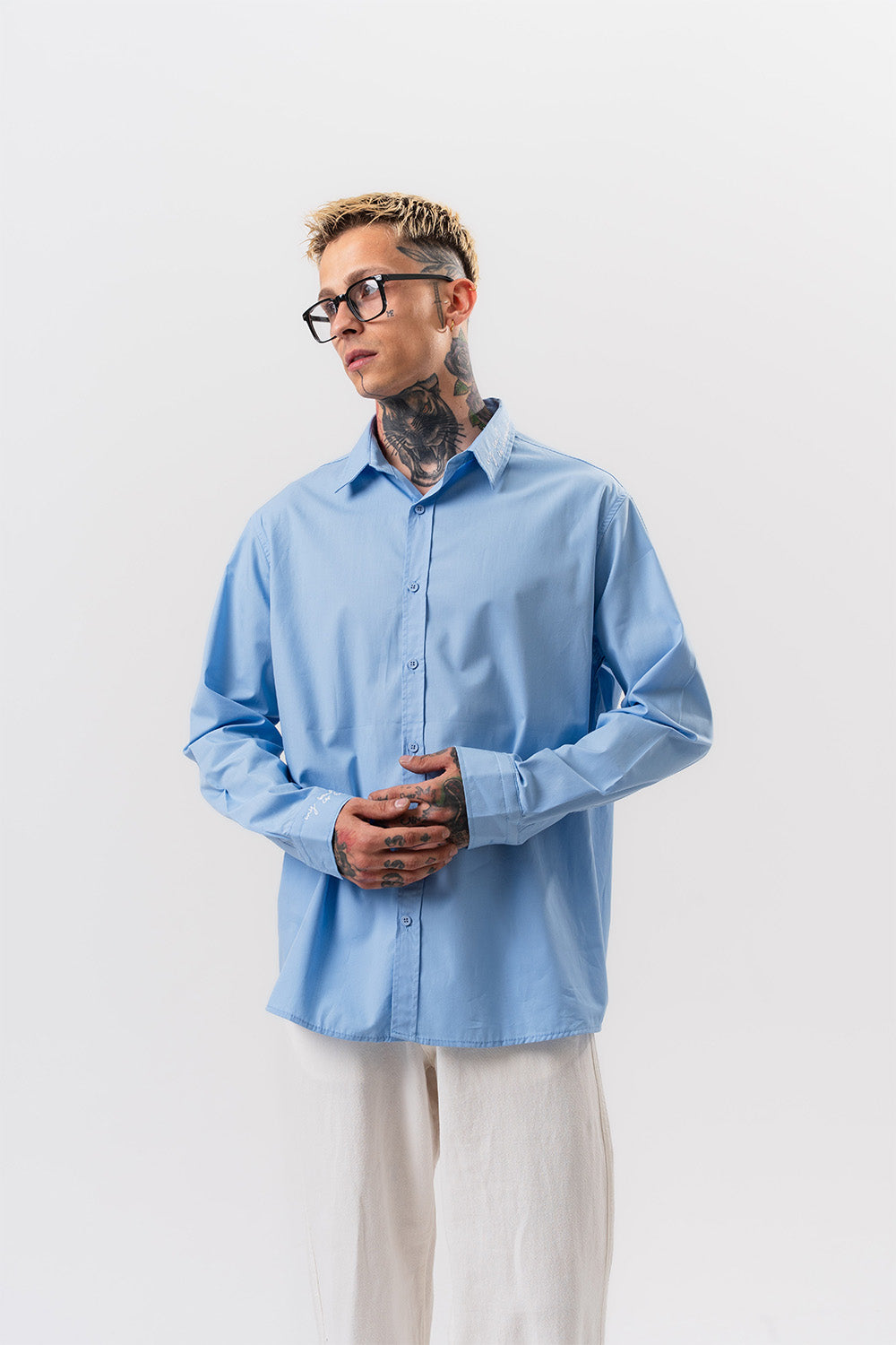 Respire-Erkek Nakış Detaylı Poplin Oversize Gömlek Bebe Mavi-Gömlek-1-Milagron.com