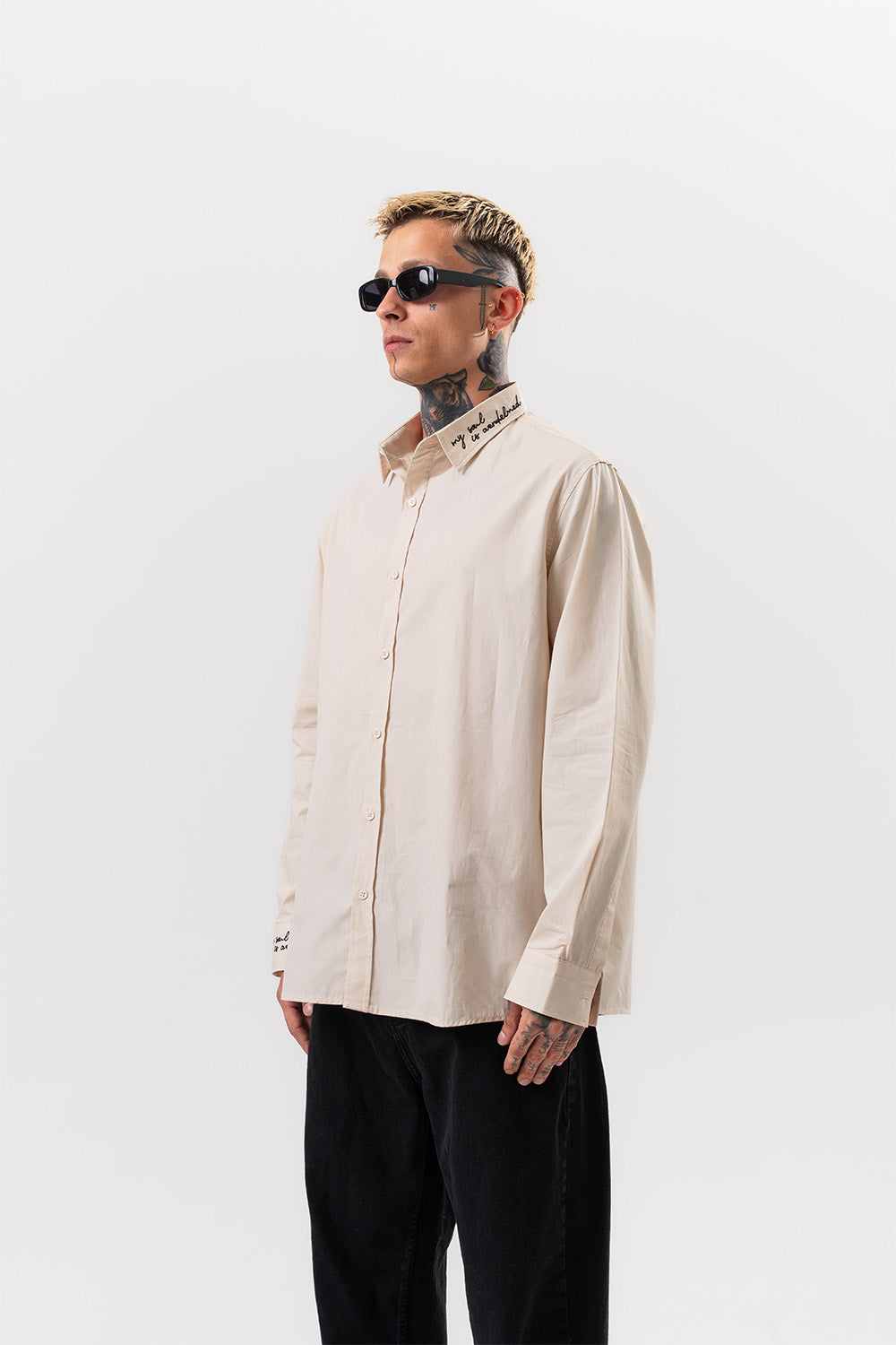 Respire-Erkek Nakış Detaylı Poplin Oversize Gömlek Bej-Gömlek-1-Milagron.com